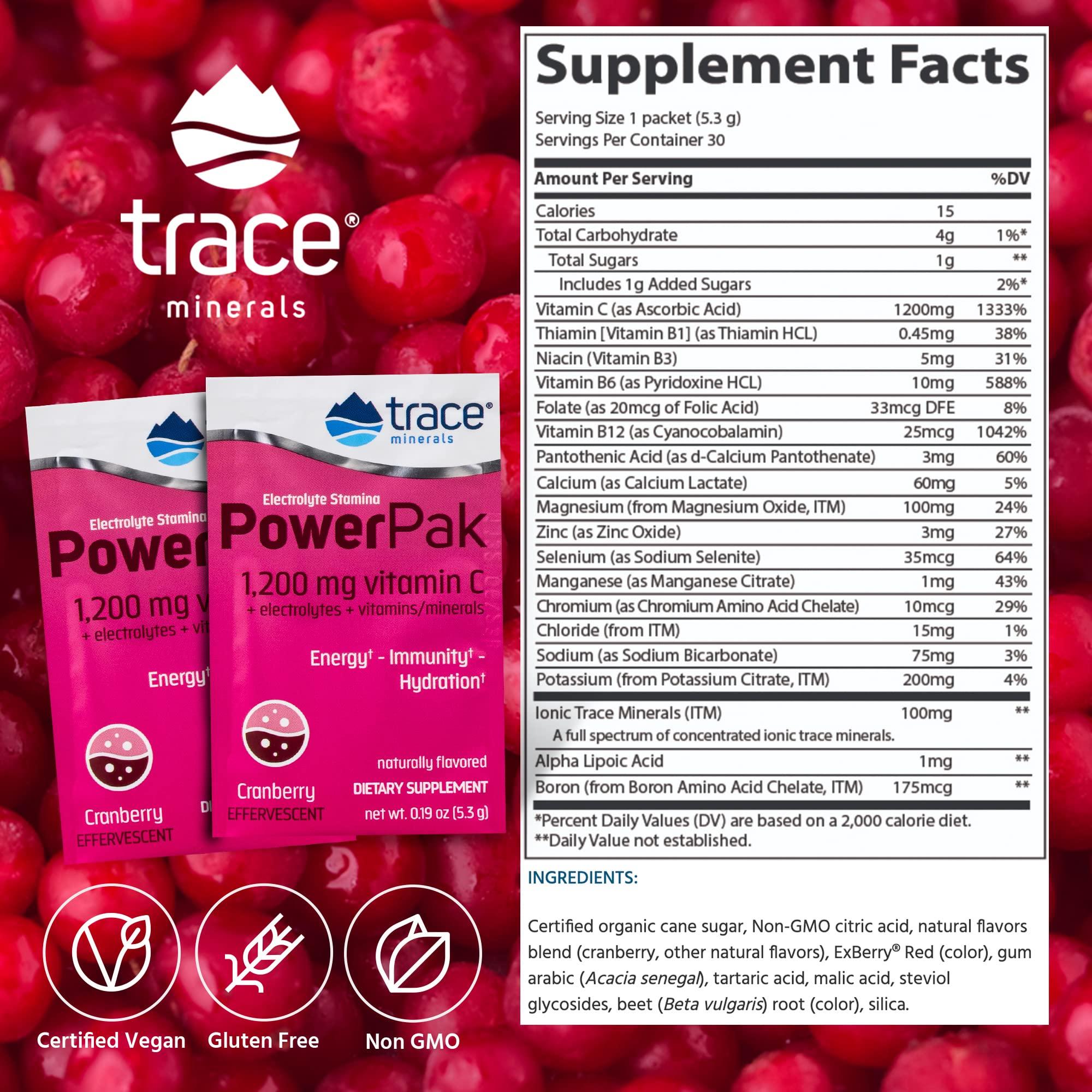 Trace Minerals Research Trace Minerals | Power Pak Electrolyte Powder Packets | 1200 mg Vitamin C, Zinc, Magnesium | Boost Immunity, Hydration and Natural Energy | Cranberry | 30 Packets