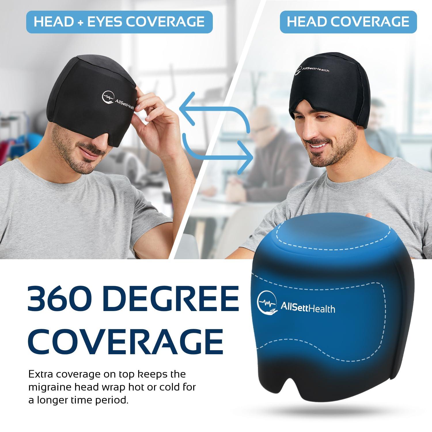 AllSett Health Migraine Relief Cap Ice Head Wrap Headache and Migraine Hat | Headache Relief with Hot/Cold Gel Head Ice Pack with Face and Eye Headache Mask Compress Black - FSA HSA Eligible Items