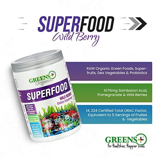 Greens+ Greens+ Organic Wild Berry Superfood Powder, Antioxidant Polyphenol, Blend for Morning Kick, Energy, Vitality Boost, Nutrition, Vibrant Health, Dietary Supplement, Vegan Soy/Dairy/Gluten Free(8.46oz)