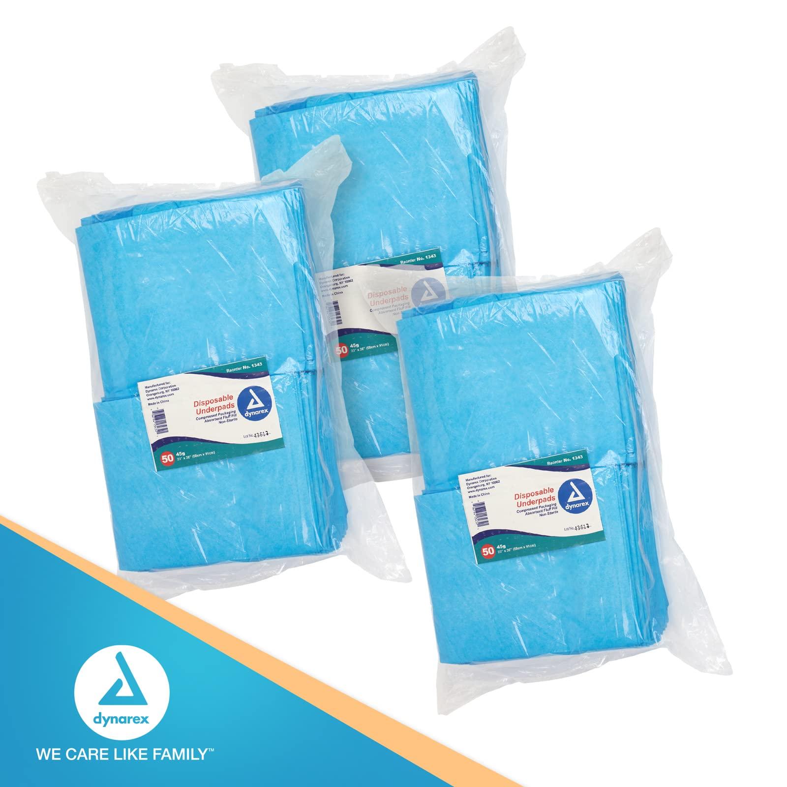 Dynarex Dynarex Disposable Underpads, Medical-Grade Incontinence Bed Pads to Protect Sheets and Mattresses, 23x36 (45g), 1 Case of 150 Pads (3 Boxes of 50)