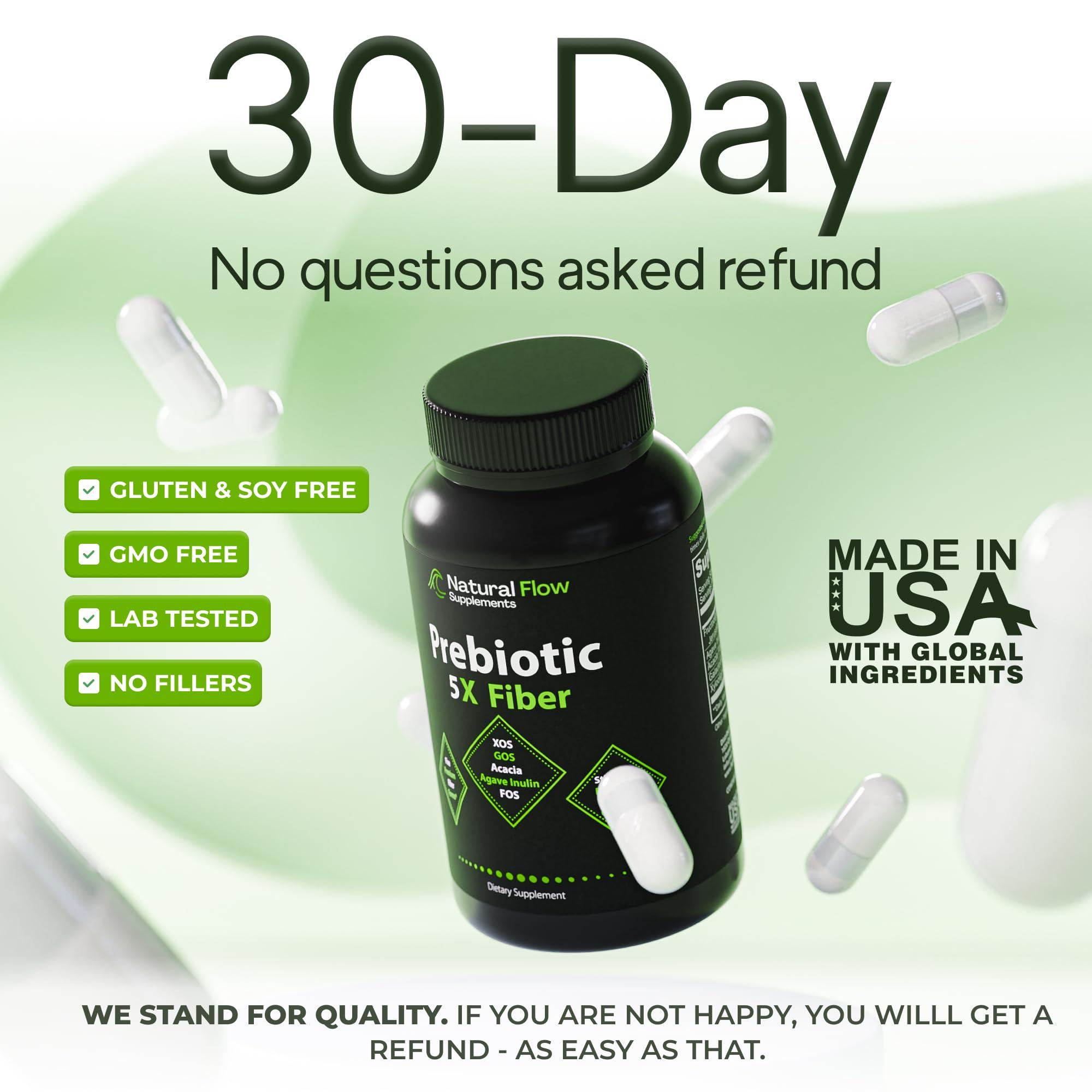 Natural Flow Supplements Prebiotic Fiber Supplement 5-in-1 Capsules - Natural Flow 5X Fiber XOS, GOS, FOS, Acacia and Agave Inulin, Daily Soluble Fiber Formula for Gut Support and Boost Good Bacteria Diversity, 120 Caps