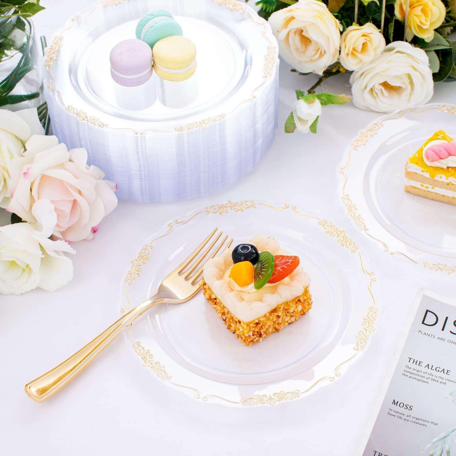 DaYammi DaYammi 60PCS Clear Plastic Plates Heavy Duty Clear Disposable Plates 7.5 Fancy Gold Dessert Plates Small Cake Plates Appetizer Plates Hard Round Plastic Plates Disposable for Wedding and Party