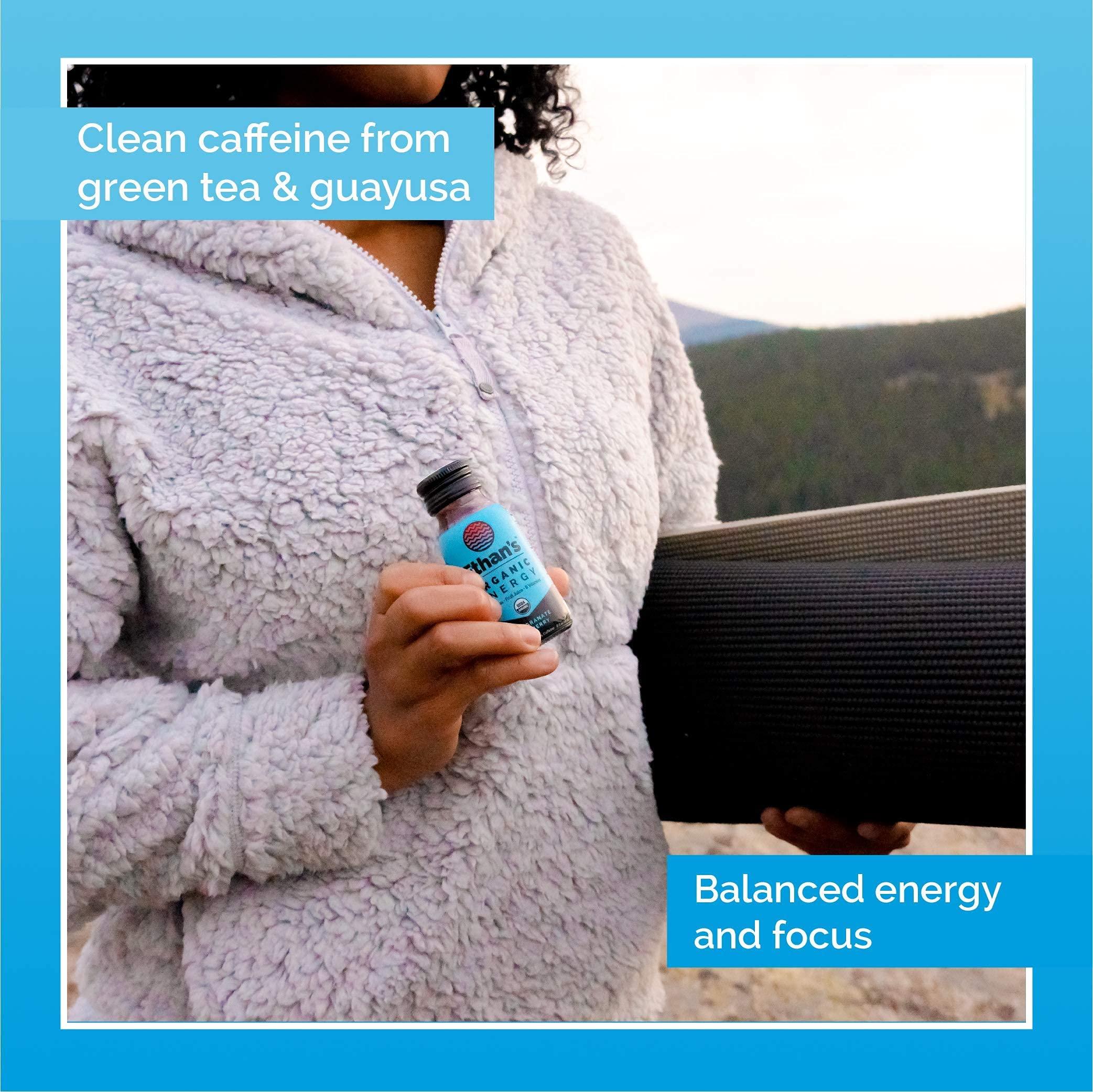 Ethan's Ethan\'s Organic Clean Energy Shots Pomegranate Blueberry, Sugar Free Natural Pre-Workout Focus Boost, Gluten Free, Vegan, B6 & B12 Vitamin C with Green Tea Extract and Guayusa (12 Pack of 2oz Shots)