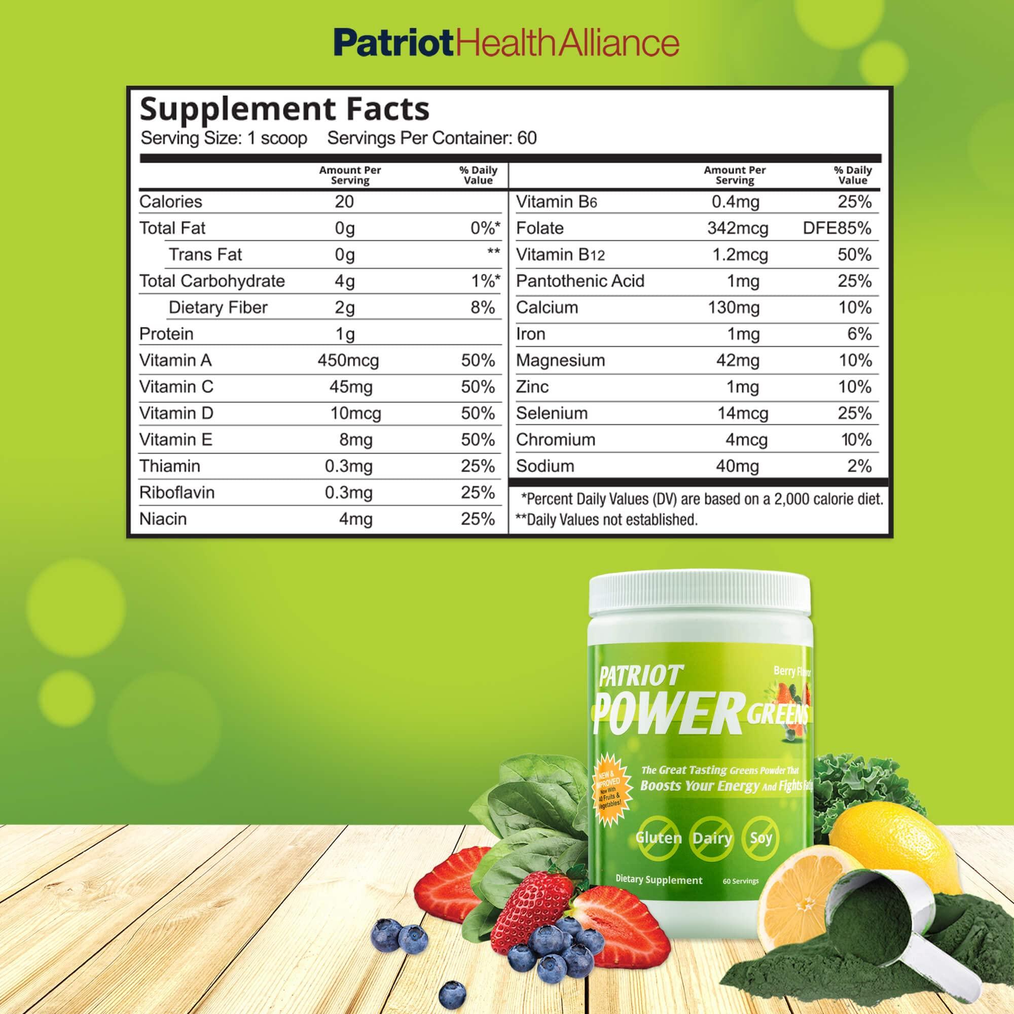 PATRIOT HEALTH ALLIANCE Patriot Power Greens: 40+ Fruits & Vegetables, Organic Superfood Dietary Supplement, 60 Servings