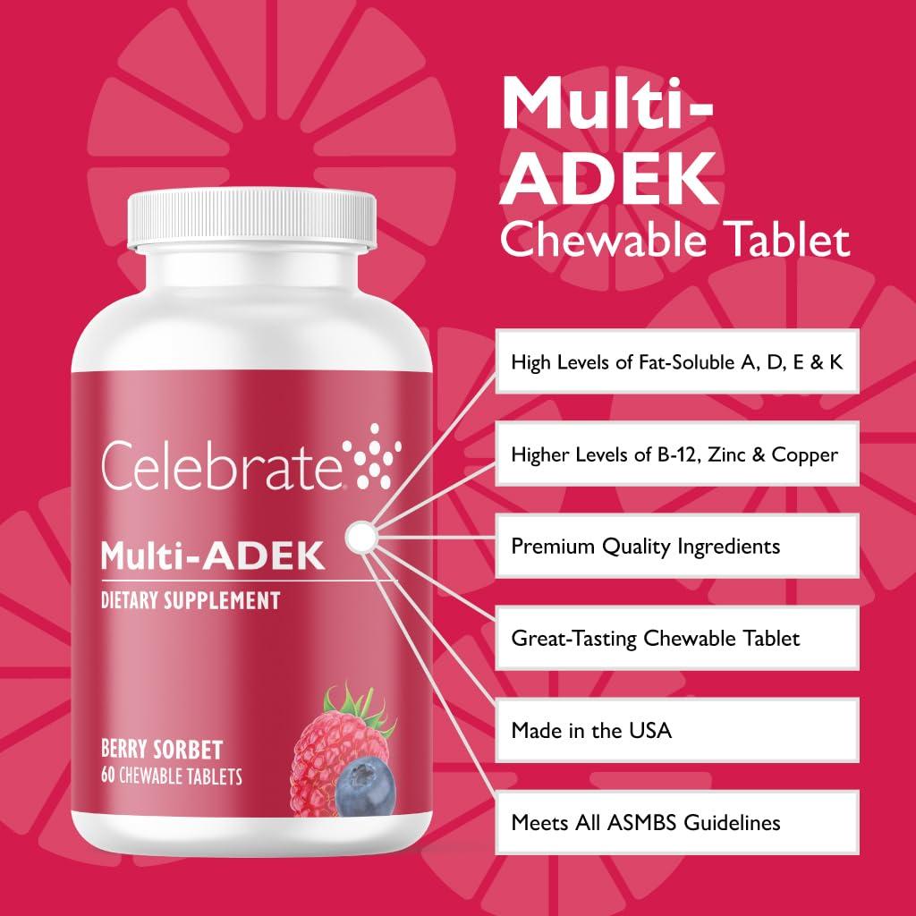 Celebrate Bariatric Supplements Celebrate Vitamins Multi ADEK Chewables, Iron Free - Daily Bariatric Multivitamin, High Level of Vitamins A, D, E, K & B12 for Duodenal Switch Surgery Patients - Berry Sorbert (60 Tablets)