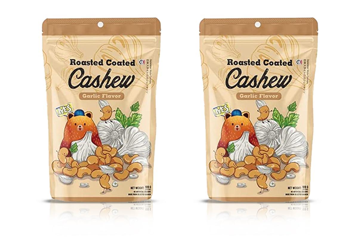 Snack Iyes Roasted Coated Cashew Garlic Flavor Organic Plant Based Protein Premium Party Snack - 3.80 Ounce (Pack of 2)
