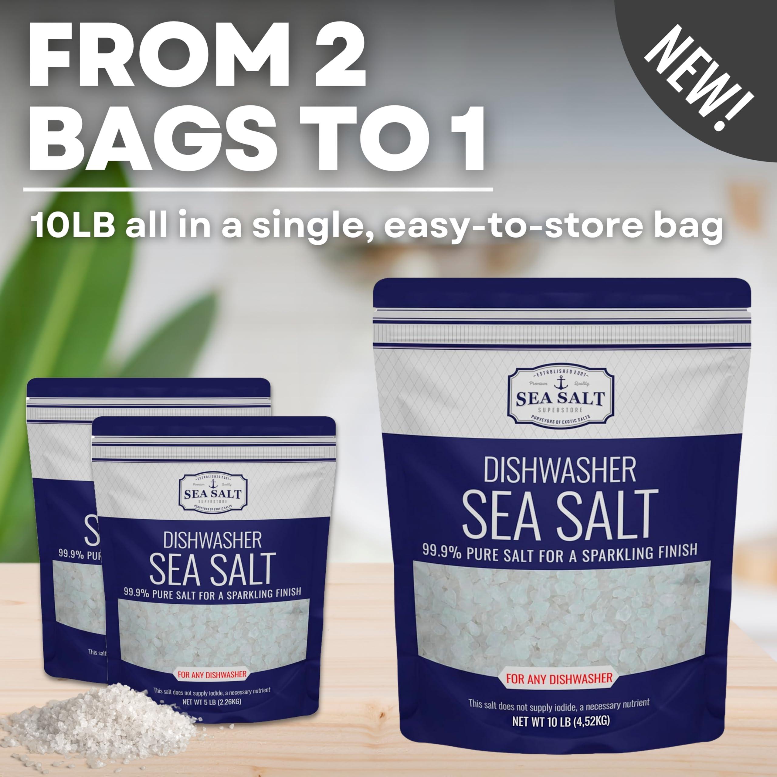 Sea Salt Superstore Dishwasher Salt - All-Natural Water Softener Salt for a Clean Finish - Compatible with Bosch, Miele, Thermador, Whirlpool Dishwashers and More - Food-Grade Coarse Sea Salt (10 lbs, 2 x 5 lb Bag)
