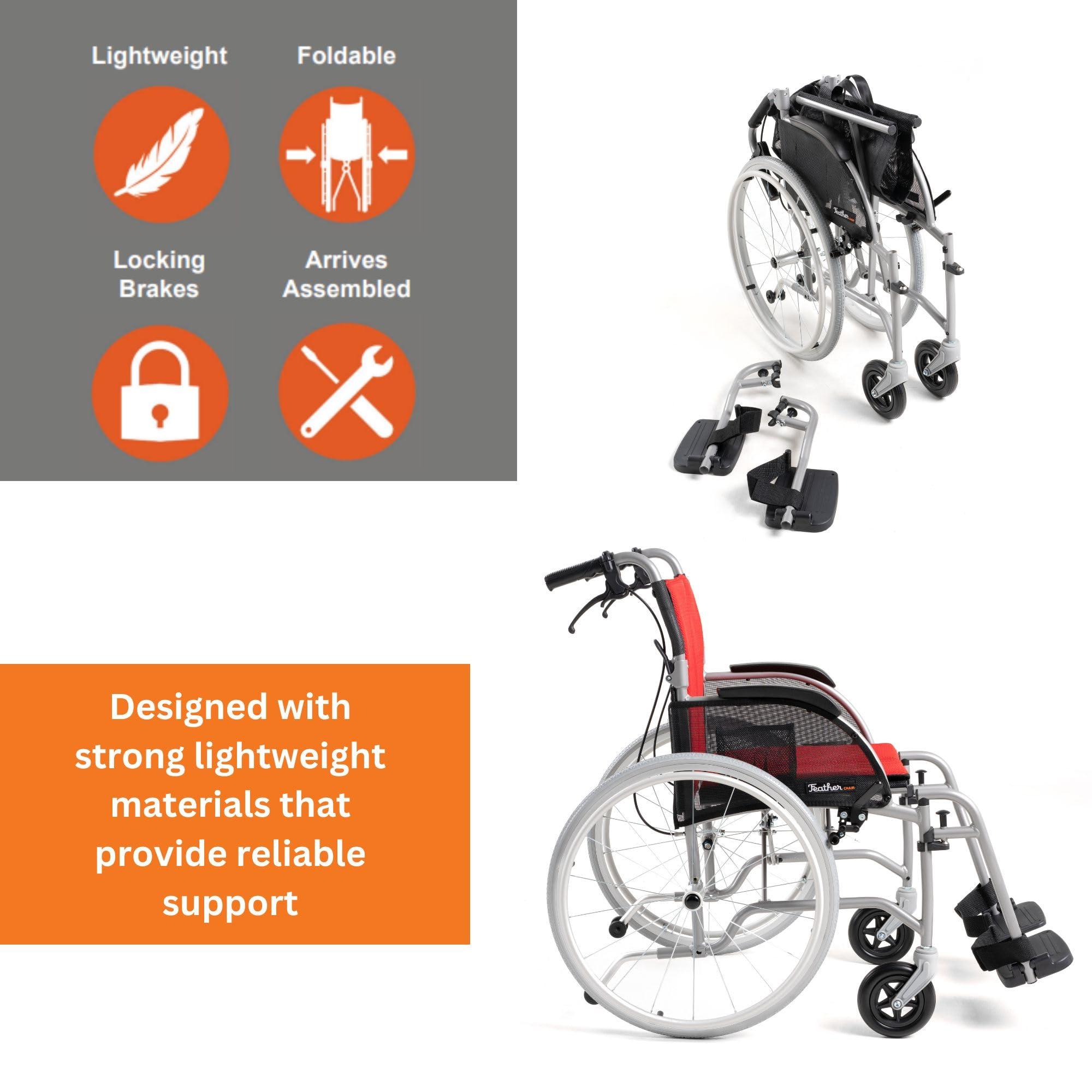 FeatherMobility Feather Mobility - Red Cushion 13.5lb Silver Frame Lightweight Folding Wheelchair - with Swingaway Legrests, Anti-tippers, and Quick Release Wheels