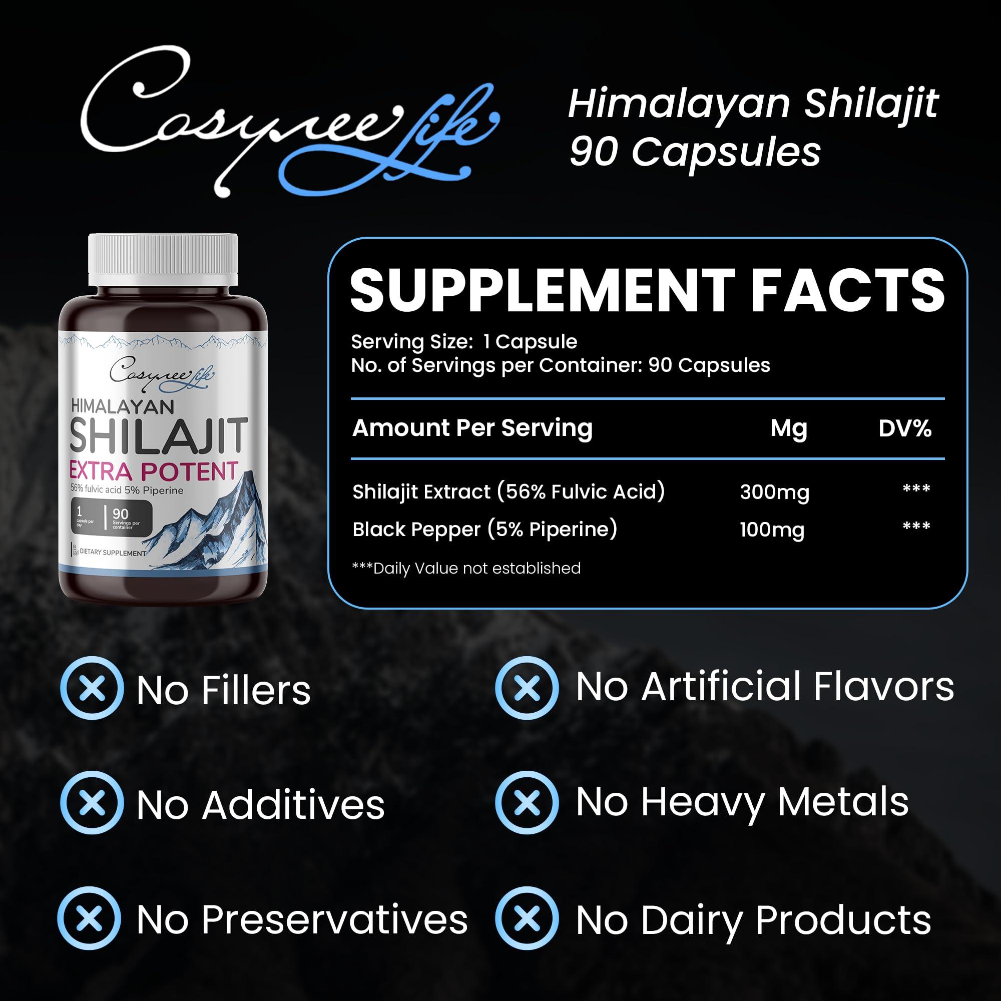 cosynee cosynee Shilajit Himalayan Capsules Made with Pure and Organic Shilajit Powder | Nature Source of 56% Fulvic Acid and 5% Piperine | Energy Support | 90 Capsules