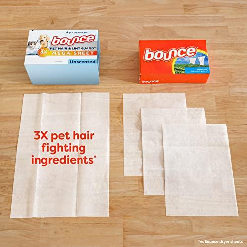 Bounce Bounce Pet Hair and Lint Guard Mega Fabric Softener Dryer Sheets with 3X Pet Hair Fighters, Unscented, 150 Count