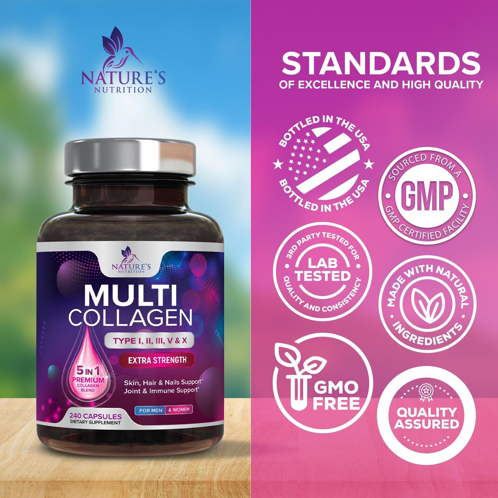 Nature's Nutrition Multi Collagen Supplement for Women & Men - Type I, II, III, V, X Multi Collagen Pills, Hydrolyzed Collagen Peptides Supplements, Nature's Hair, Skin, Nail, and Joint Support Supplement, 240 Capsules