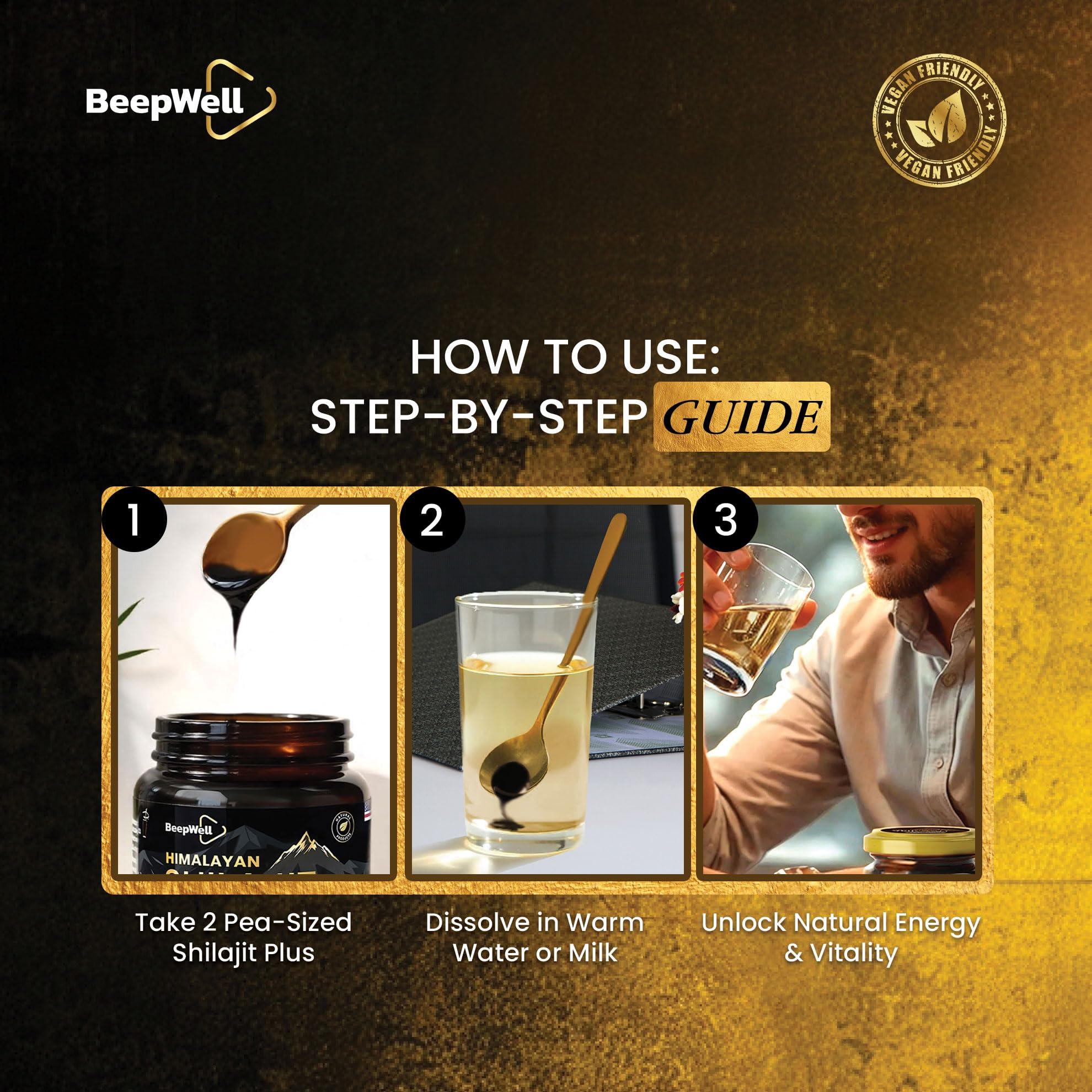 BeepWell BeepWell Shilajit Resin Himalayan Pure Natural Ashwagandha Maca Root Black Pepper Authentic Chilajil Men Women Gold Ayurvedic, 72% Fulvic Acid 85+ Trace Minerals, 50 Servings, 40 Grams