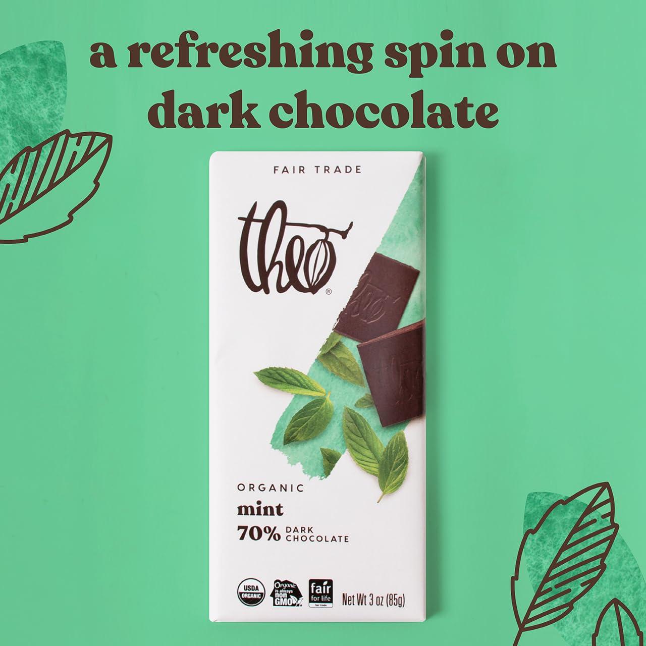 THEO Theo Chocolate Mint Organic Dark Chocolate Bar, 70% Cacao, 12 Pack | Vegan, Fair Trade