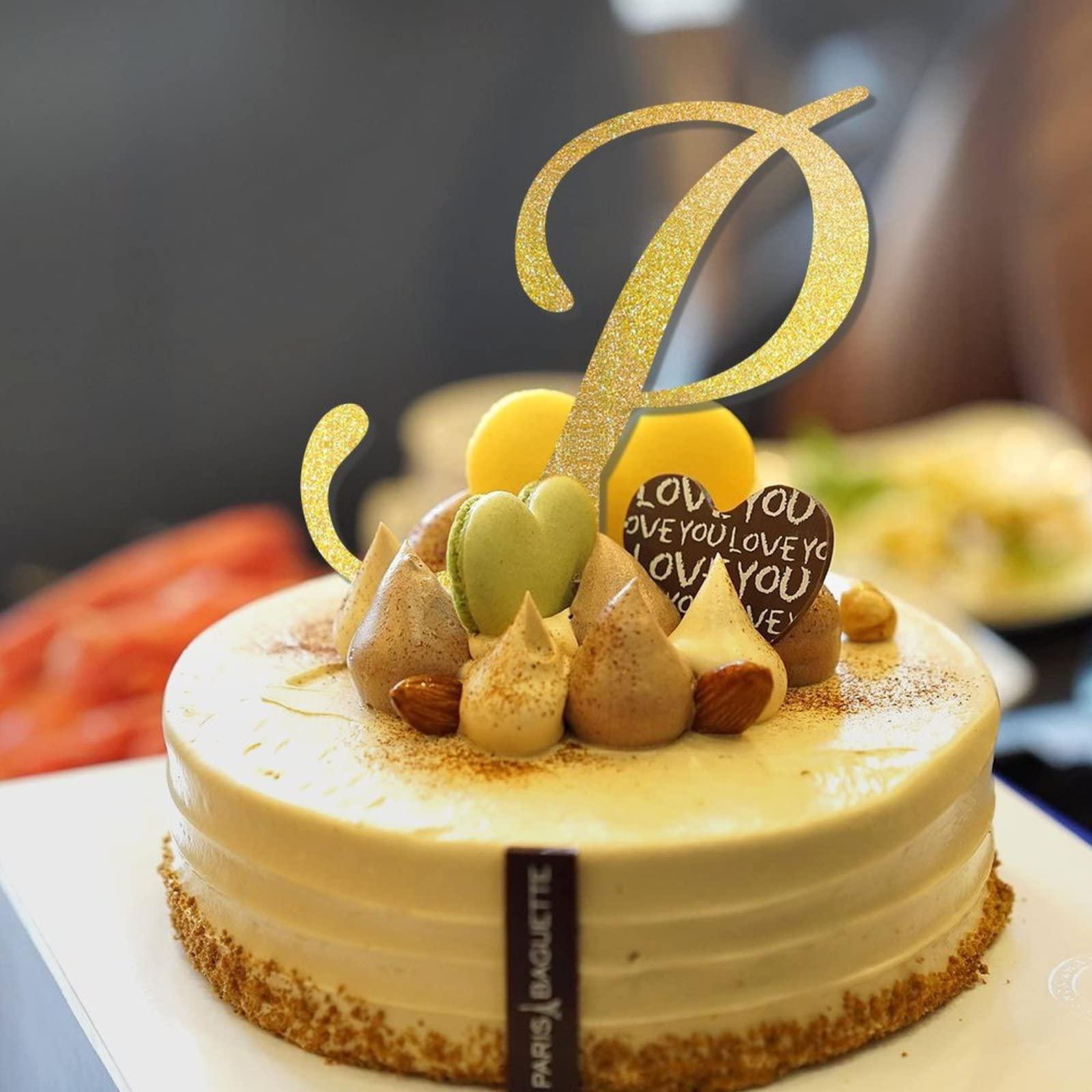 CustonCares Letter P Wedding Cake Topper Monogram Initial Name Glitter Gold For Wedding Engagement Cake Decorations Elegant Laurel Wreath Customize Your Own Cake Topper Bachelorette Gifts