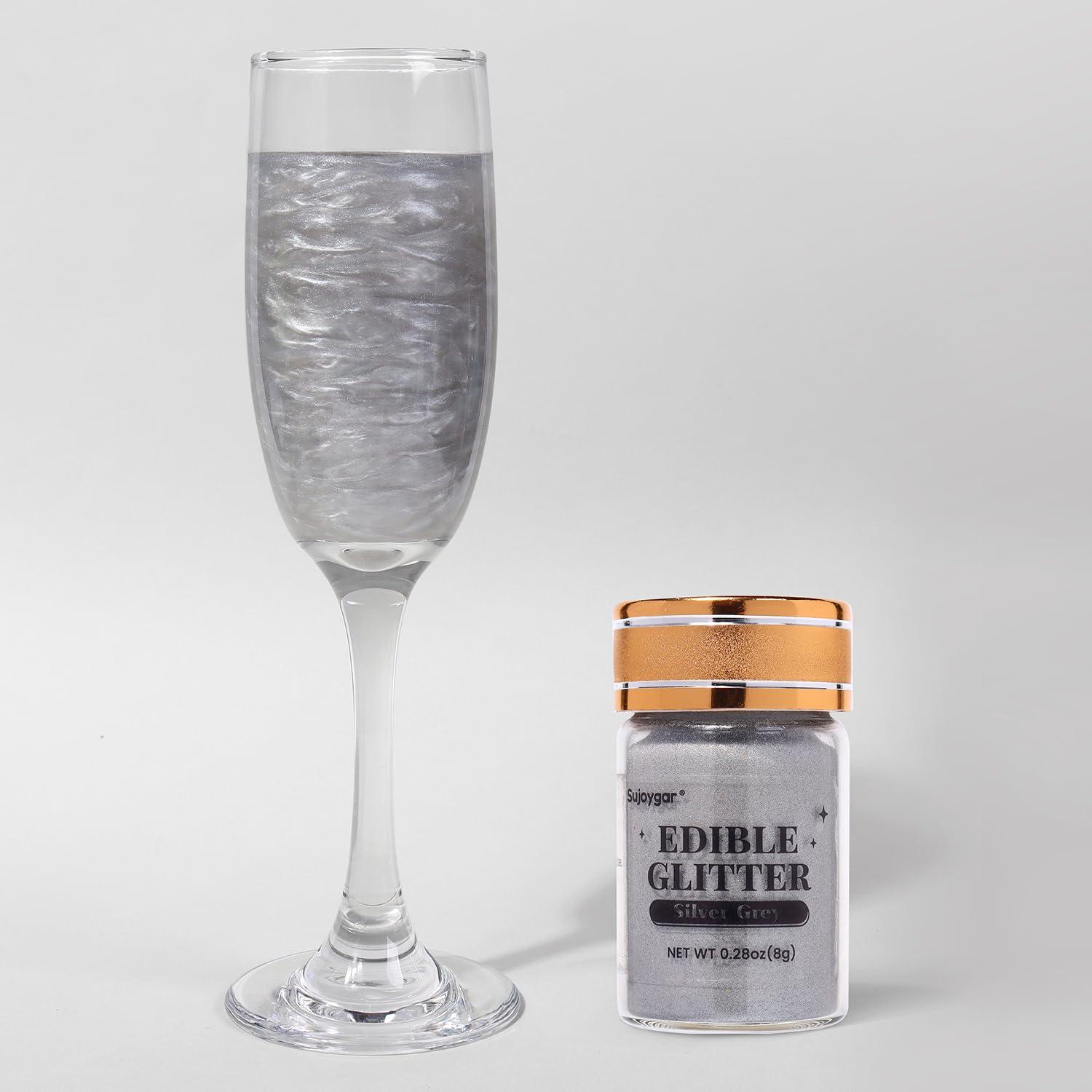 Sujoygar Sujoygar Silver Grey Edible Glitter, Food Grade 8g, Edible Glitter for Drinks, Kosher & Halal Certified, Cocktail, Cupcake, Chocolate, Strawberry, Baking