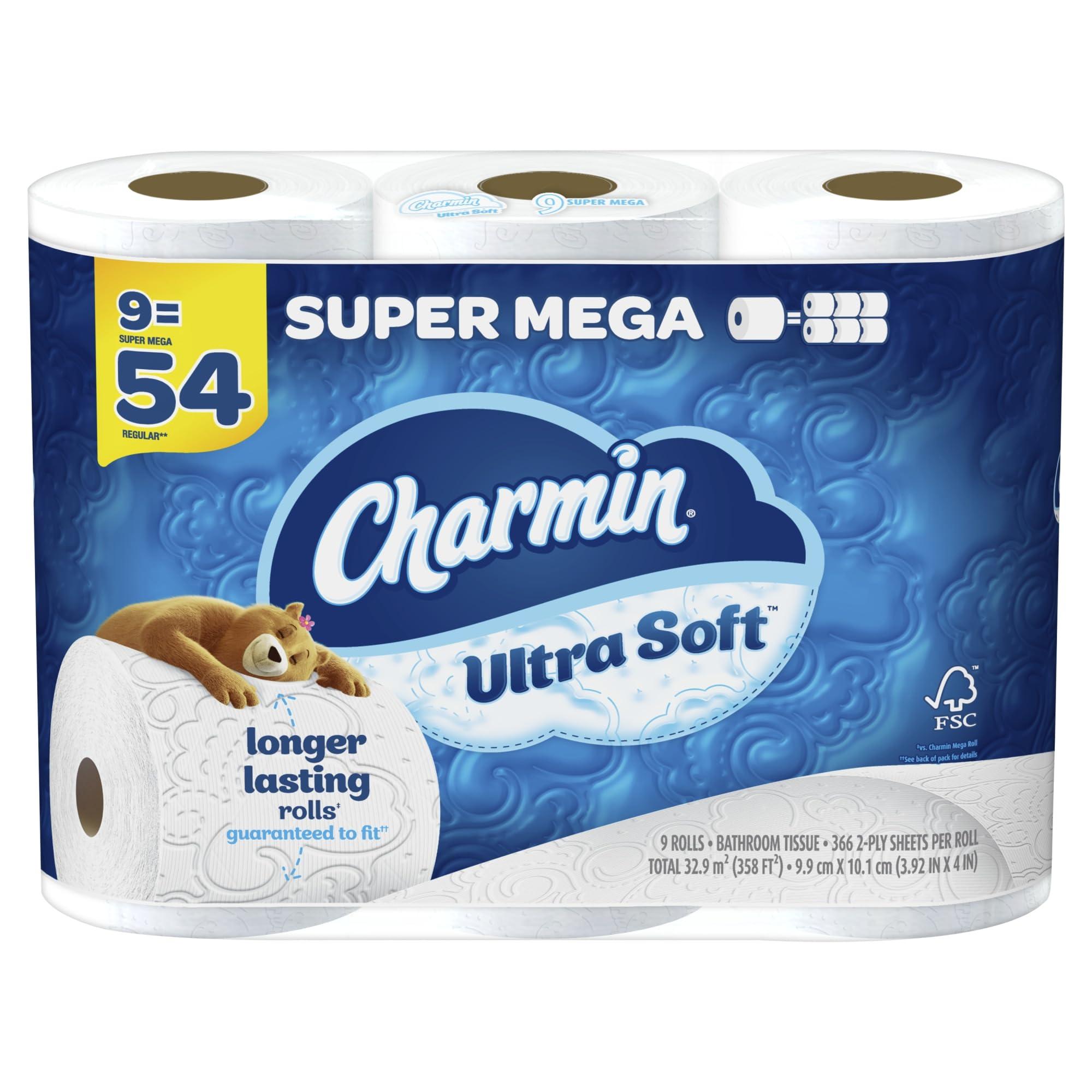 charmin Charmin Ultra Soft Super Mega 2-Ply Toilet Paper Rolls, 4\" x 4-1/2\", White, 366 Sheets Per Roll, Pack Of 9 Rolls