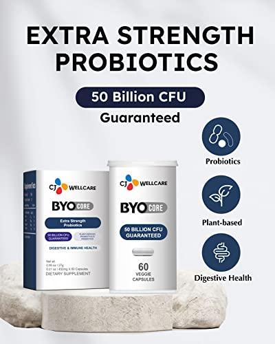 CJwellcare CJ Wellcare BYOCORE Extra Strength Probiotics (27g, 60 Veggie Capsules) - Digestive and Immune Health. Plant-Derived Probiotics and Prebiotics, 50 Billion CFU Guaranteed