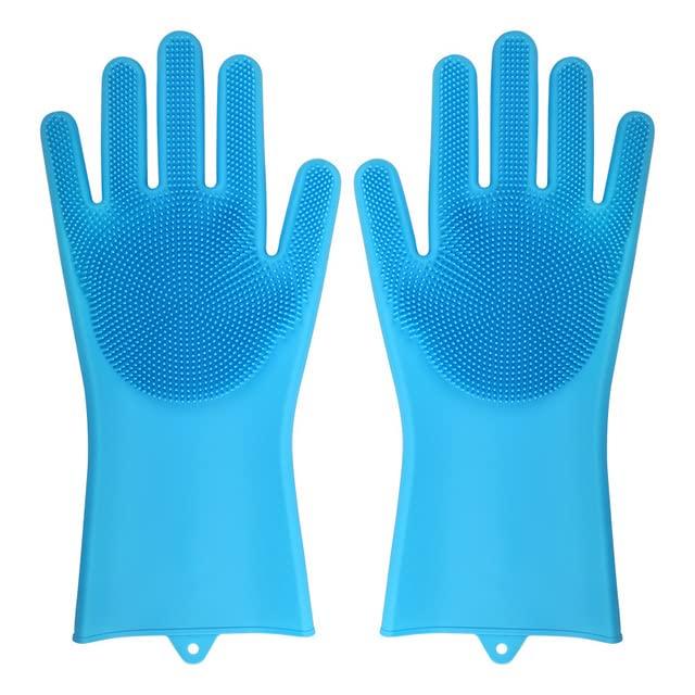 Helenhouse Dishwashing Cleaning Gloves Silicone Rubber Sponge Gloves Household Scrubber Kitchen Cleaning Tools Kitchen (Blue)