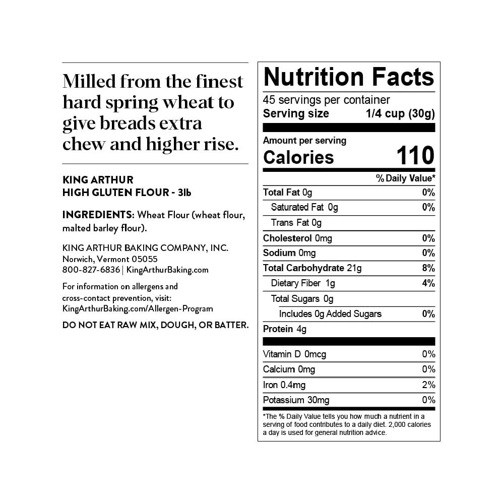 King Arthur King Arthur High Gluten Flour, Contains Wheat Flour (wheat flour, malted barley flour) High Protein, 3 lb, White, 48 Ounces