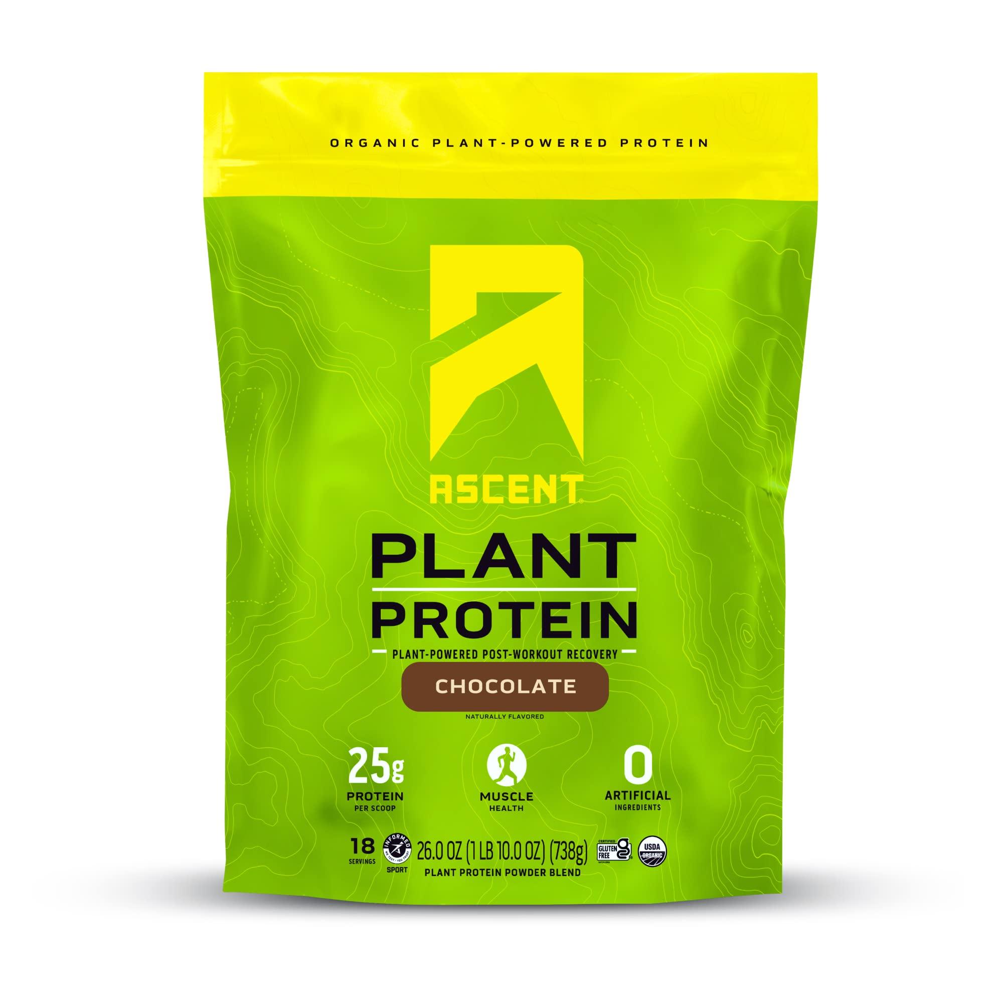 Ascent Ascent Plant Based Protein Powder - Non Dairy Vegan Protein, Zero Artificial Ingredients, Soy & Gluten Free, No Added Sugar, 4g BCAA, 2g Leucine - Chocolate, 18 Servings