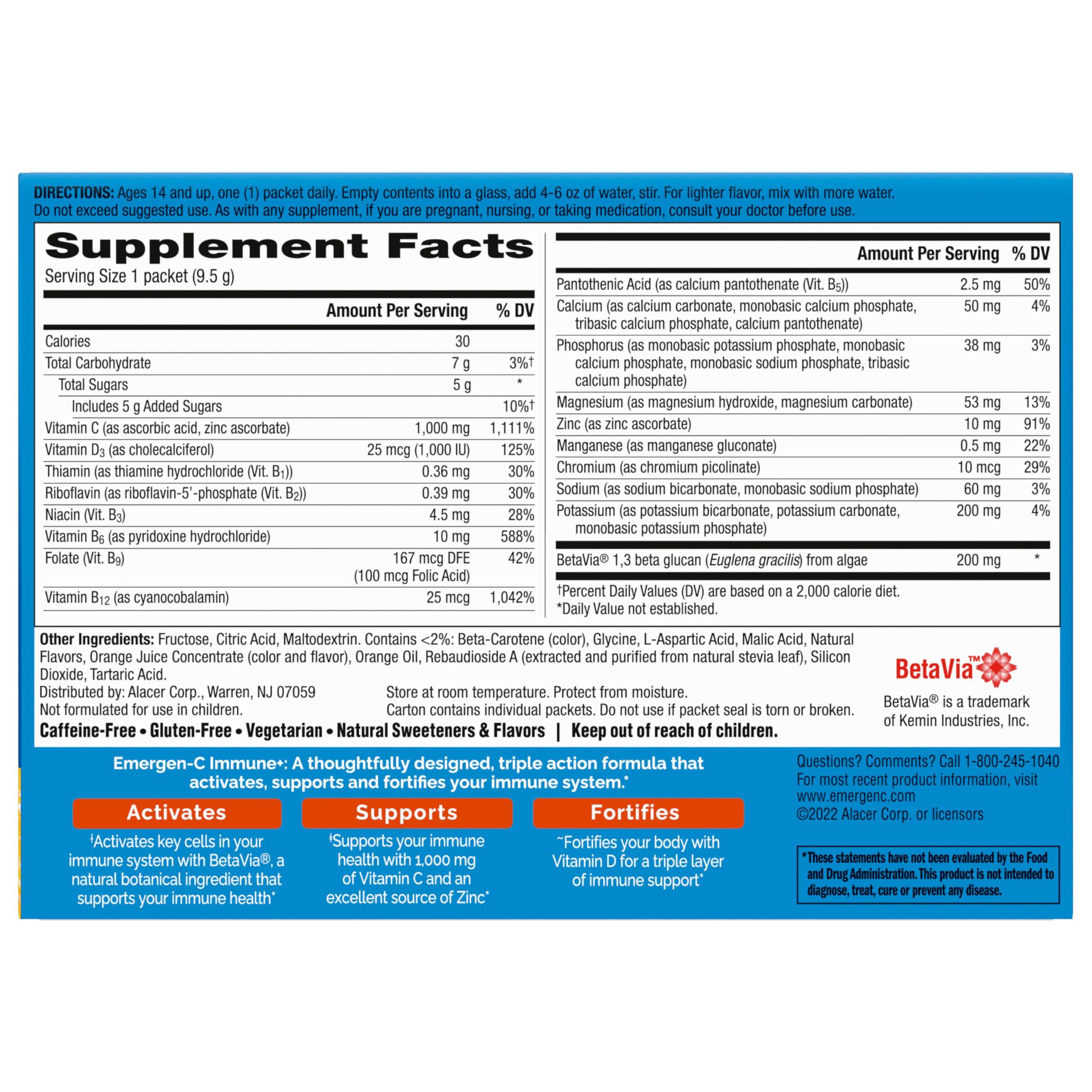 Emergen-C Emergen-C Immune+ Triple Action Immune Support Powder, BetaVia (R), 1000mg Vitamin C, B Vitamins, Vitamin D and Antioxidants, Super Orange 30 Count (Pack of 1)