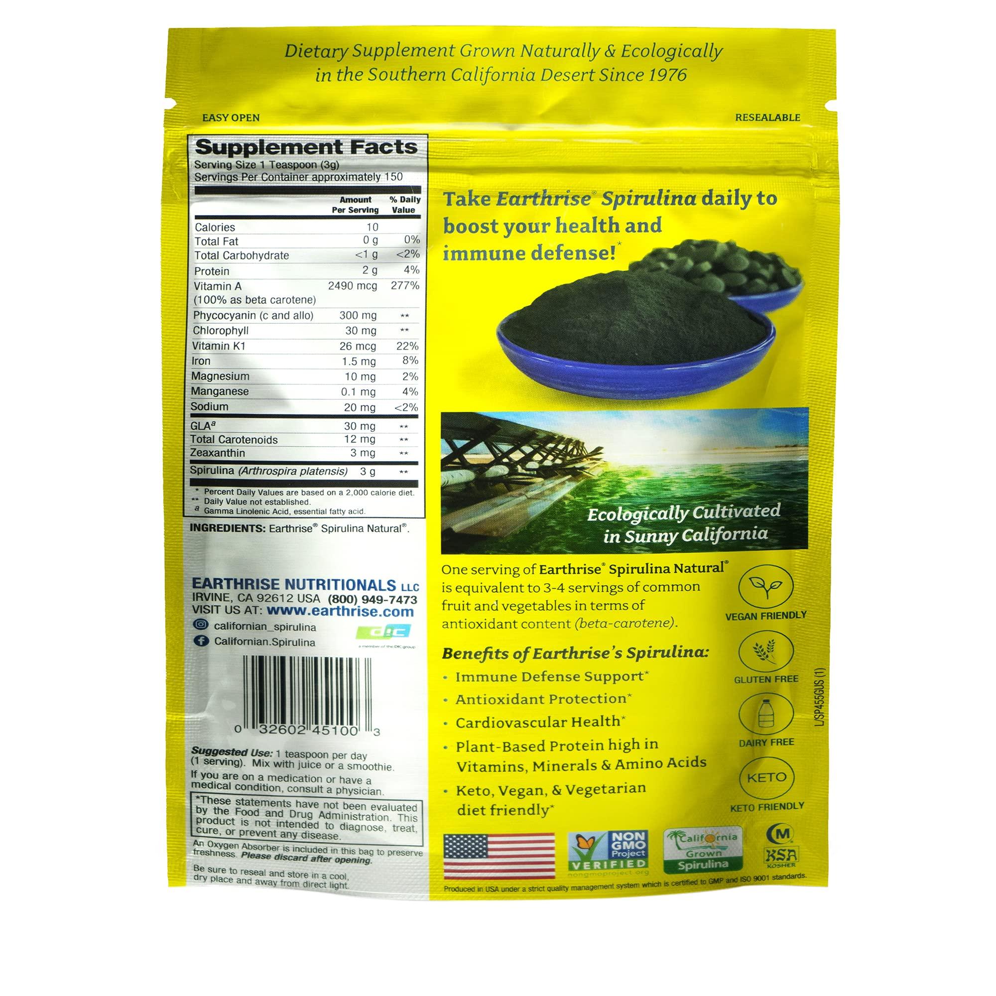 Earthrise Earthrise Spirulina Natural Powder 16oz, Natural Premium Spirulina from California- Vegan, Gluten Free, Keto Friendly, Non -GMO Super Food high in Vitamins & Minerals. (1 LB)