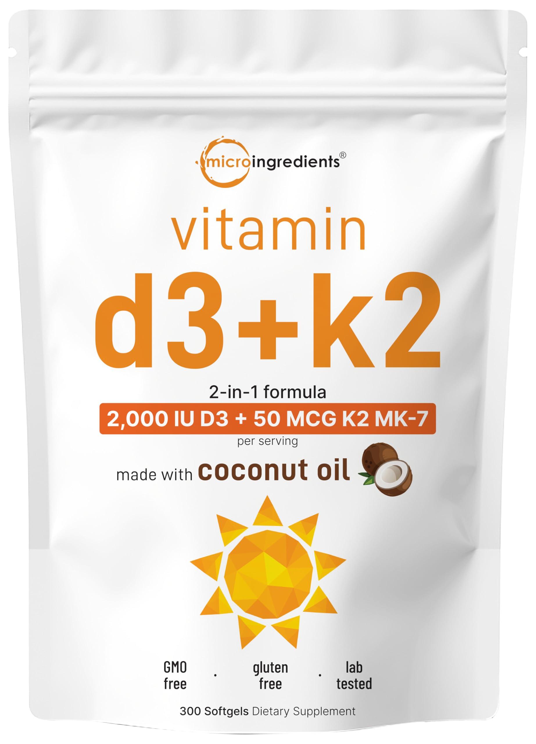 Micro Ingredients Vitamin D3 2,000 iu Plus K2 (MK-7) 50 mcg, 300 Virgin Coconut Oil Softgels | 2 in 1 Vitamins D & K Complex | Supports Calcium Absorption, Bone, Immune, & Heart Health Easy to Swallow