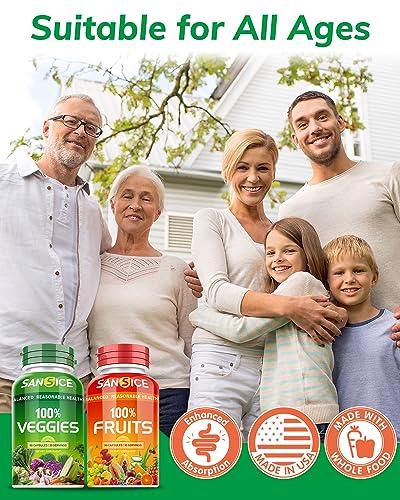 SANSICE SANSICE Fruits and Veggies Supplement, 100% Natural Fruit and Vegetable Vitamins Soy Free & Non-GMO Vegetable and Fruit Supplements for Women Men and Kids - 90 Fruit Capsules, 90 Veggie Capsules