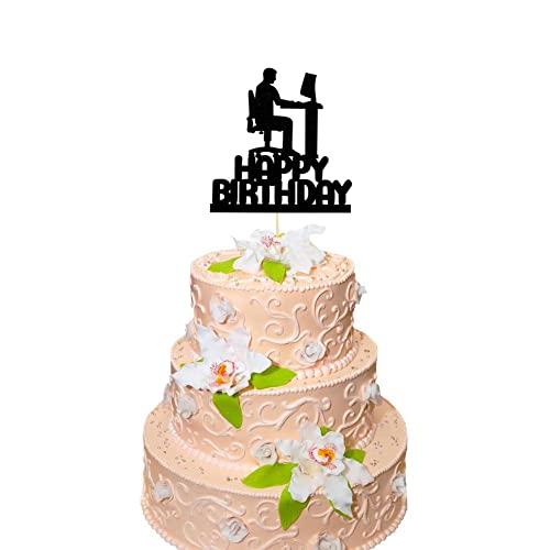 QXQXBA Programming Theme Happy Birthday Cake Topper, Programmer Cake Decor, Computer Tech Cake Decorations, IT Birthday Party Supplies, Black Glitter