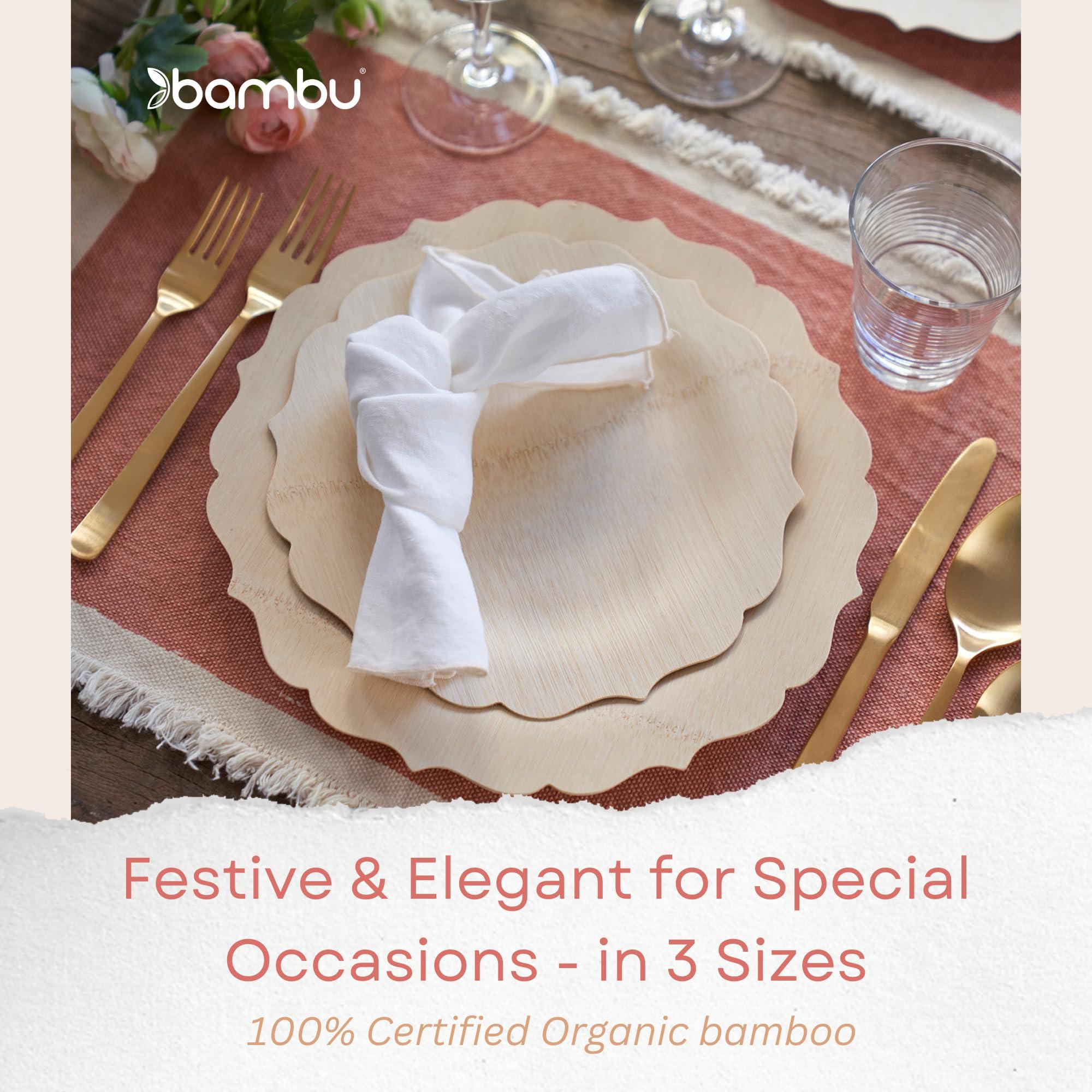 Bambu Bambu Pack of 100-9 Inch Disposable Bamboo Plates Fancy, Biodegradable Eco Friendly Products, Bamboo Disposable Plates for Party, Weddings, and Events, Great For Any Occasion - Bulk Case