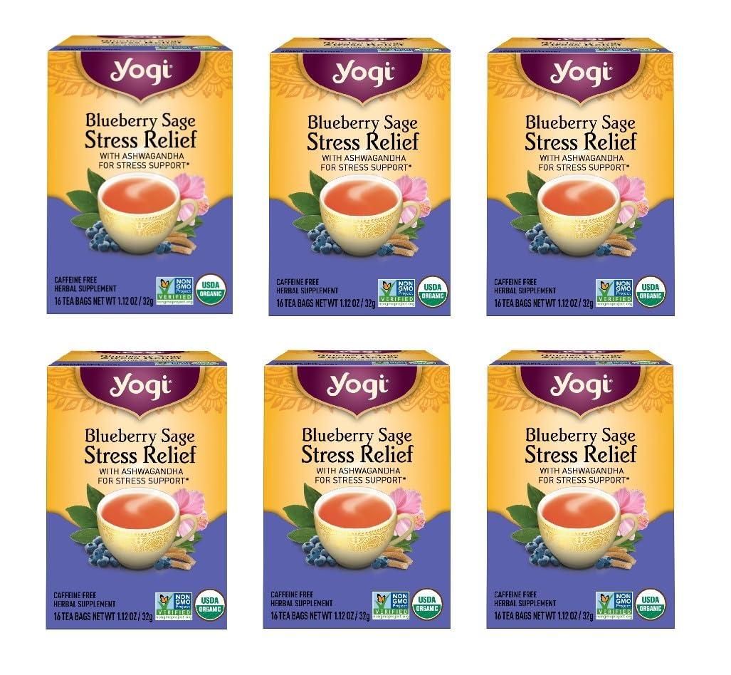 Yogi Yogi Tea Blueberry Sage Stress Relief - 16 Tea Bags per Pack (6 Packs) - Relaxing, Calming Tea to Support Stress Response - Includes Ashwagandha, Blueberry, Sage, Hibiscus & More
