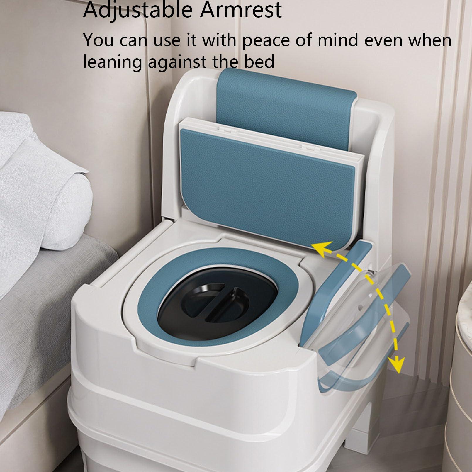JATIBOSH Commode with Padded Seat and Backrest, Durable Toilet Chair for Adults and Seniors, Removable Pail, Drop Down Arms for Easy Transfer, 300 Lb. Weight Capacity, PP-Material, Blau