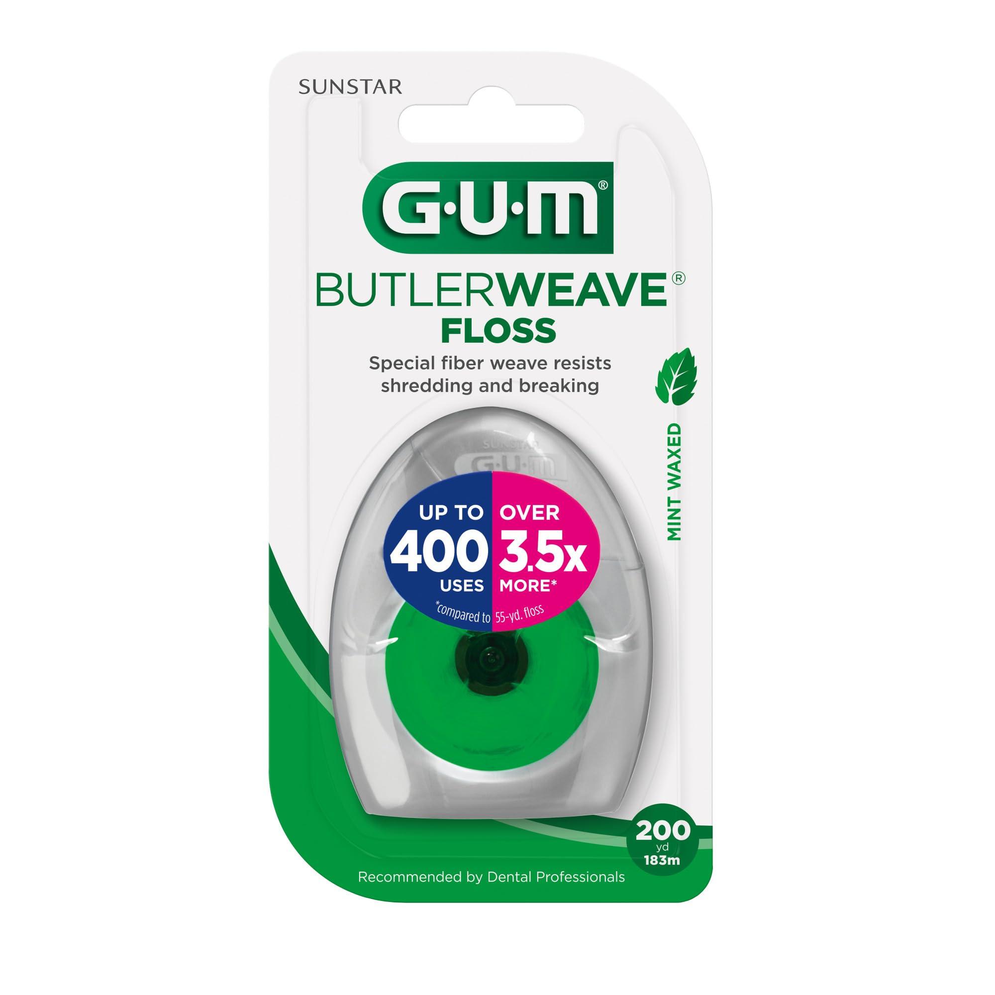 GUM GUM ButlerWeave Woven Dental Flos, Shred Resistant Waxed Floss, Mint Flavored, 1ct (3pk)