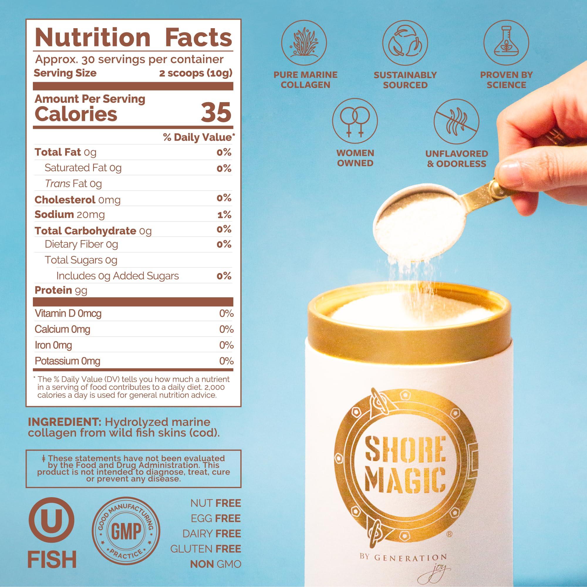 Shore Magic Shore Magic Premium Marine Collagen Powder with Type I II III and IV Hydrolyzed Peptides for Women and Men Sourced from Wild Fish, Certified Halal and Kosher Unflavored - 30 Day Supply, 300g Canister