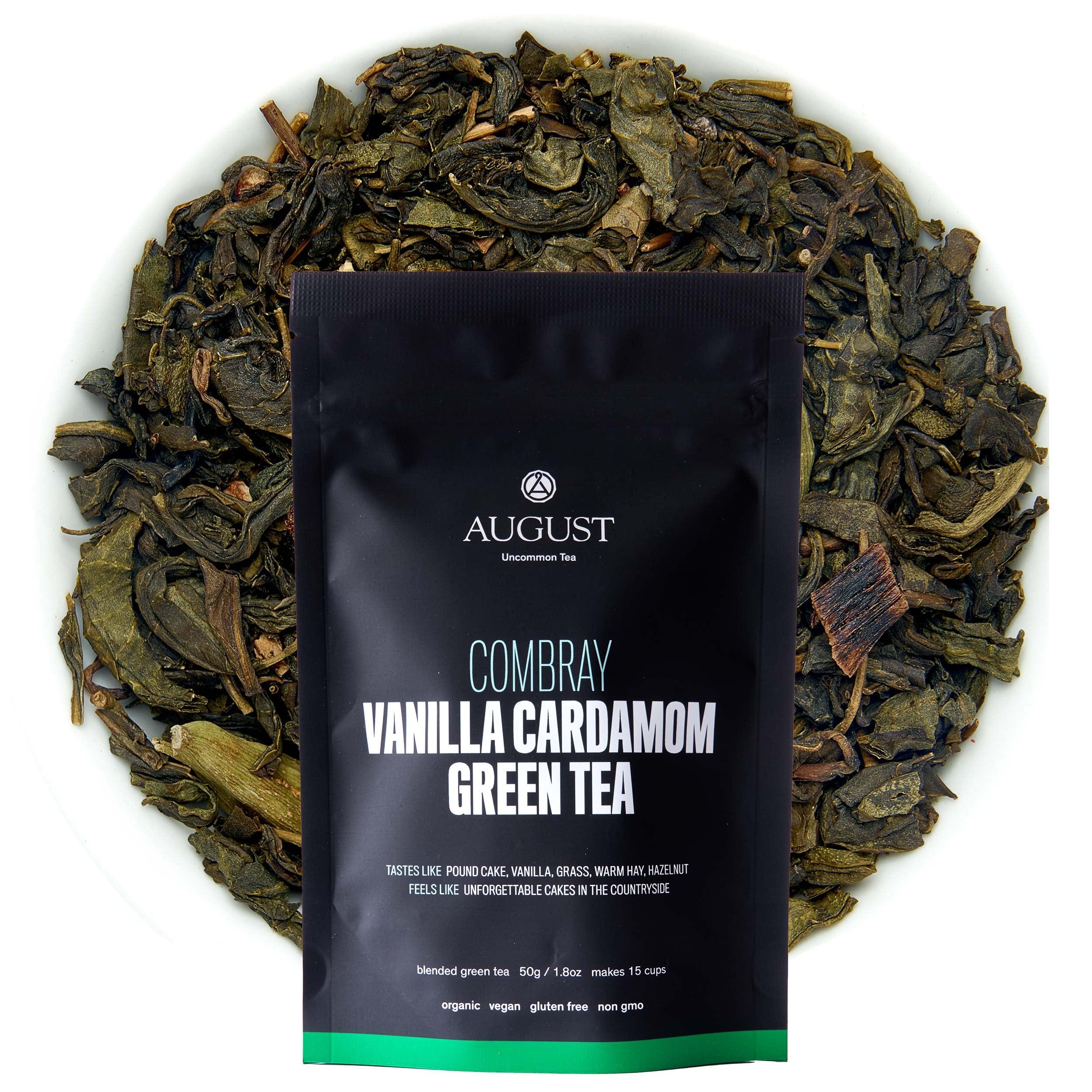 August Uncommon Tea August Uncommon Loose Leaf Tea Combray Vanilla Cardamom Organic Green Tea Hot & Iced Tea Natural 1.8 oz Bag (50g) makes 15-30 Cups