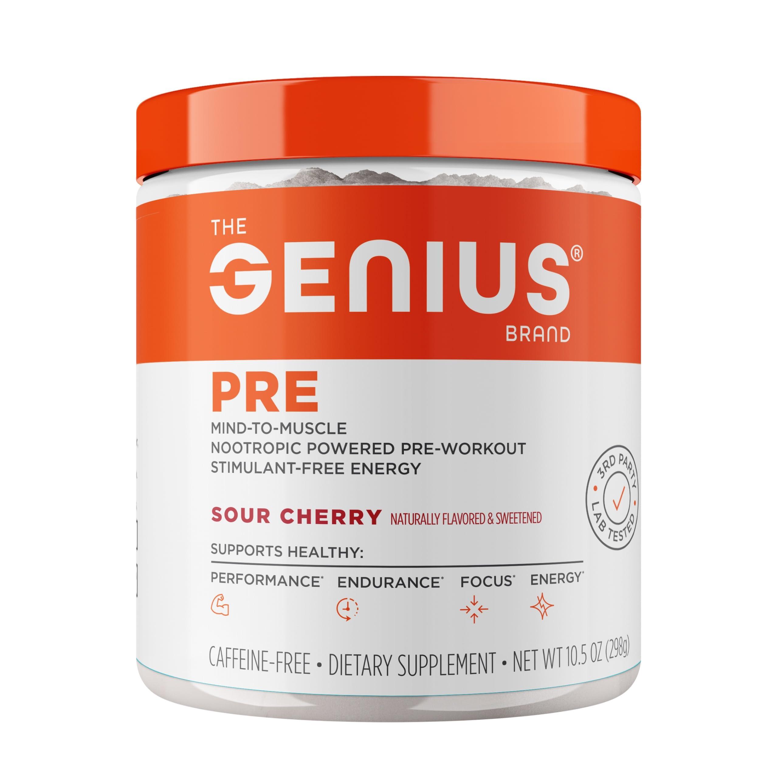 The Genius Brand Genius Energized Pre Workout Powder, Sour Cherry - Caffeine Free Pre-Workout Booster Supplement with Beta Alanine & Alpha GPC - No Artificial Sweetener or Dyes