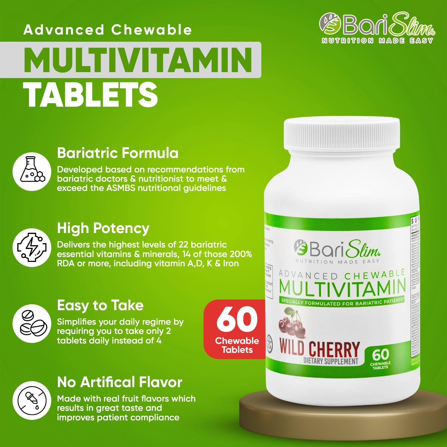 BariSlim BariSlim Advanced Chewable Bariatric Multivitamin Tablets - Bariatric Vitamin and Supplement for Post Bariatric Surgery Including Gastric Bypass and Gastric Sleeve | Wild Cherry (60 Count)