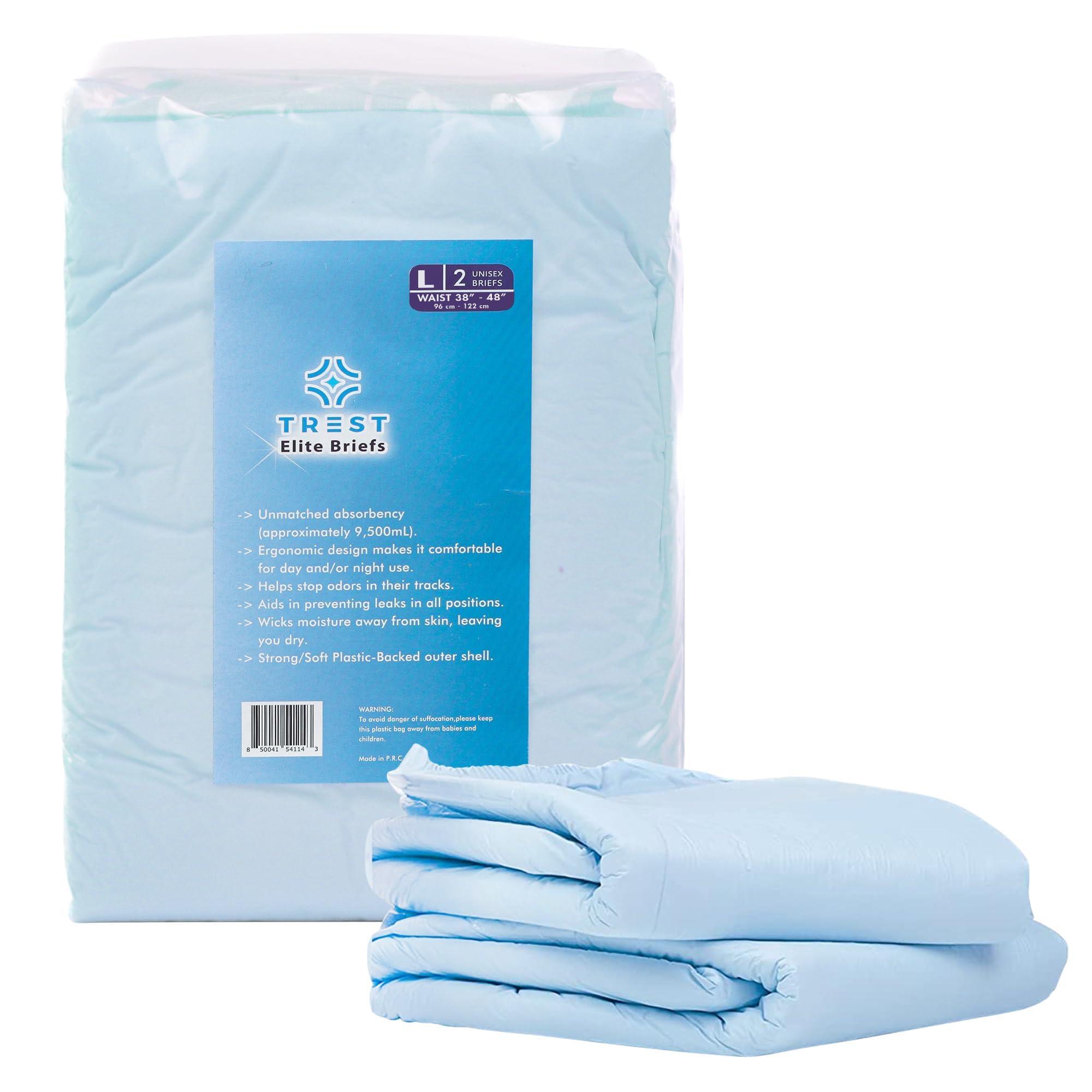 Trest TREST Elite Briefs for Men and Women, Overnight Diapers for Incontinence, Elite Absorbency, Comfortable, Odor Neutralizing and Secure Fit with 2 Wide Tabs - Blue, Large (Pack of 2)