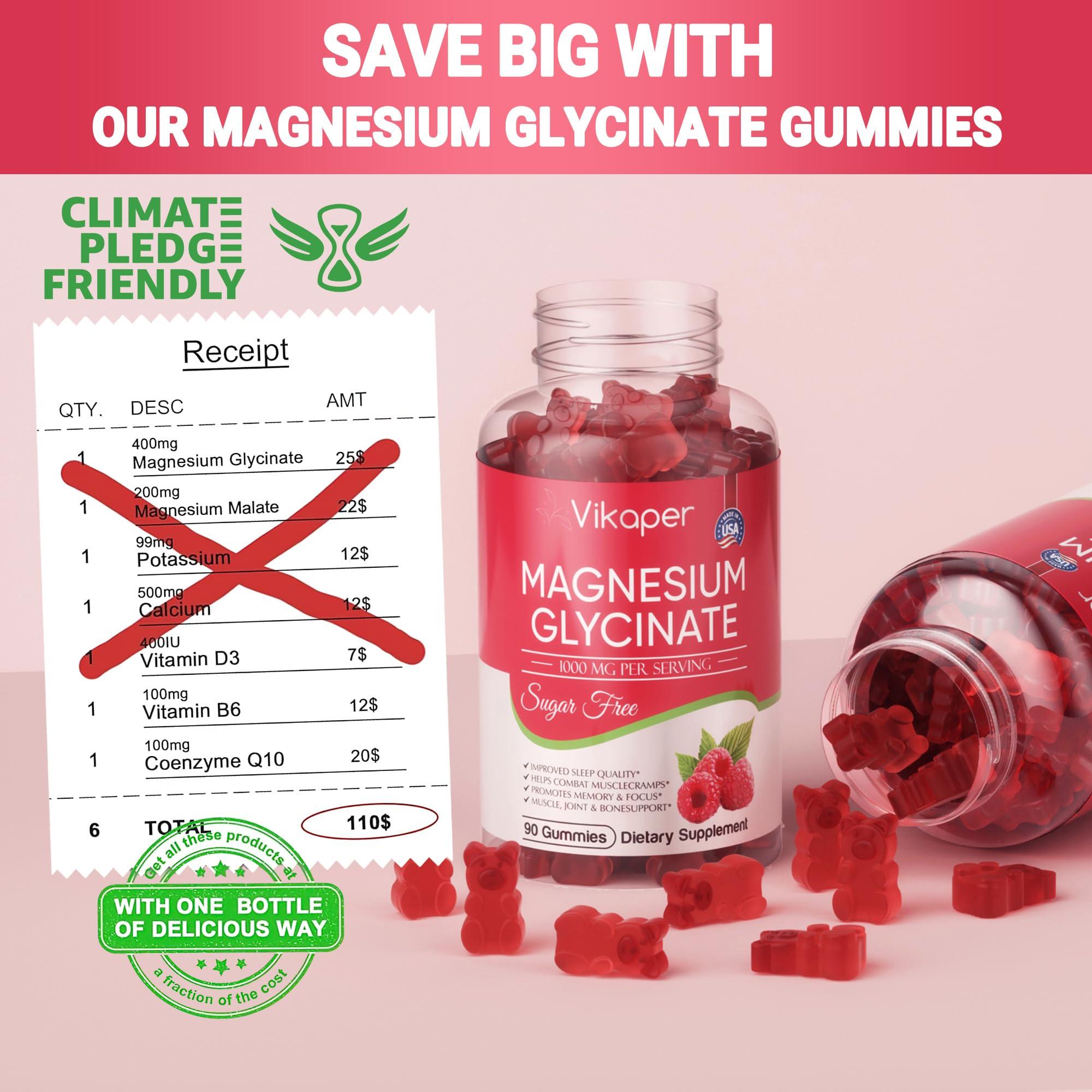 VIKAPER Magnesium Glycinate Gummies 1000mg Sugar Free,Magnesium Potassium Supplement with Vitamin D3,B6 to Sleep,Stress,Muscle Relief,Nerve Health Support for Adults,180 Raspberry Flavor Gummy