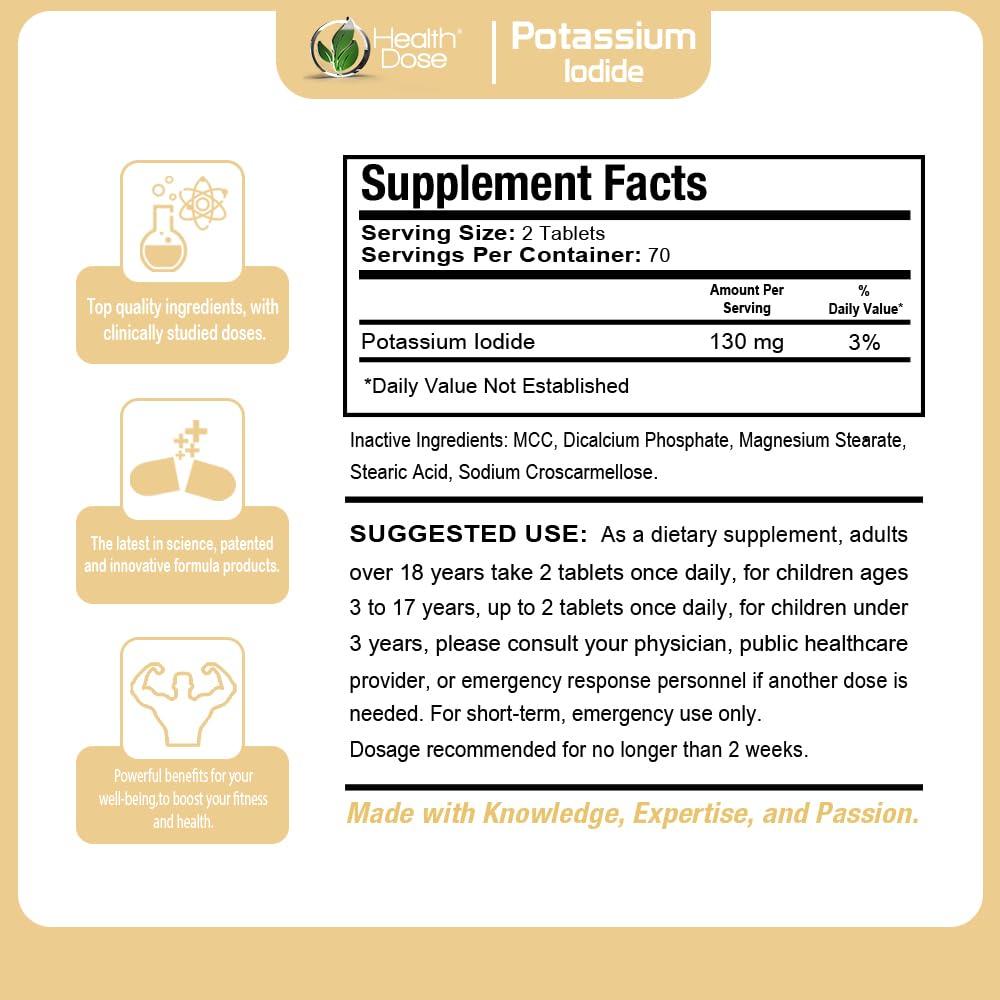 Health Dose Health Dose Potassium + Iodide (KI) Tablets 130mg 140 Tablets for Thyroid Support, Cellular Metabolism & Electrolyte Balance Non-GMO, Gluten-Free, GMP Certified, Pack of 2
