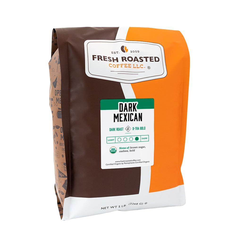 Fresh Roasted Coffee Fresh Roasted Coffee, Organic Dark Mexican, 5 lb (80 oz), Dark Roast, Mold & Mycotoxin Tested, Kosher, Ground