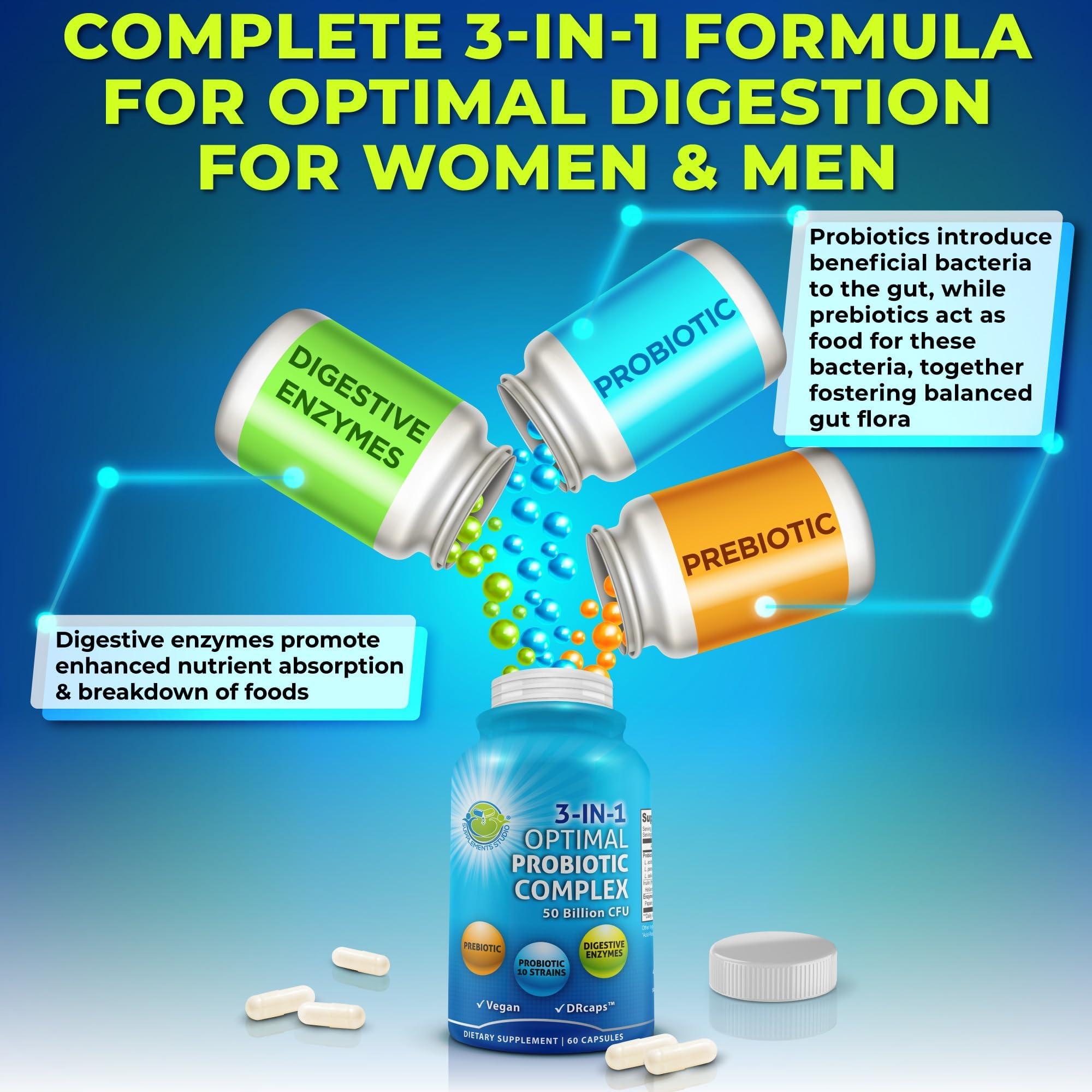 SUPPLEMENTS STUDIO Probiotics with Digestive Enzymes and Prebiotic, 3-In-1 Vegan Multi Enzyme Complex - Bundle up with - Quercetin with Bromelain Vitamin C and Zinc & Liposomal Vitamin C 1500mg Capsules