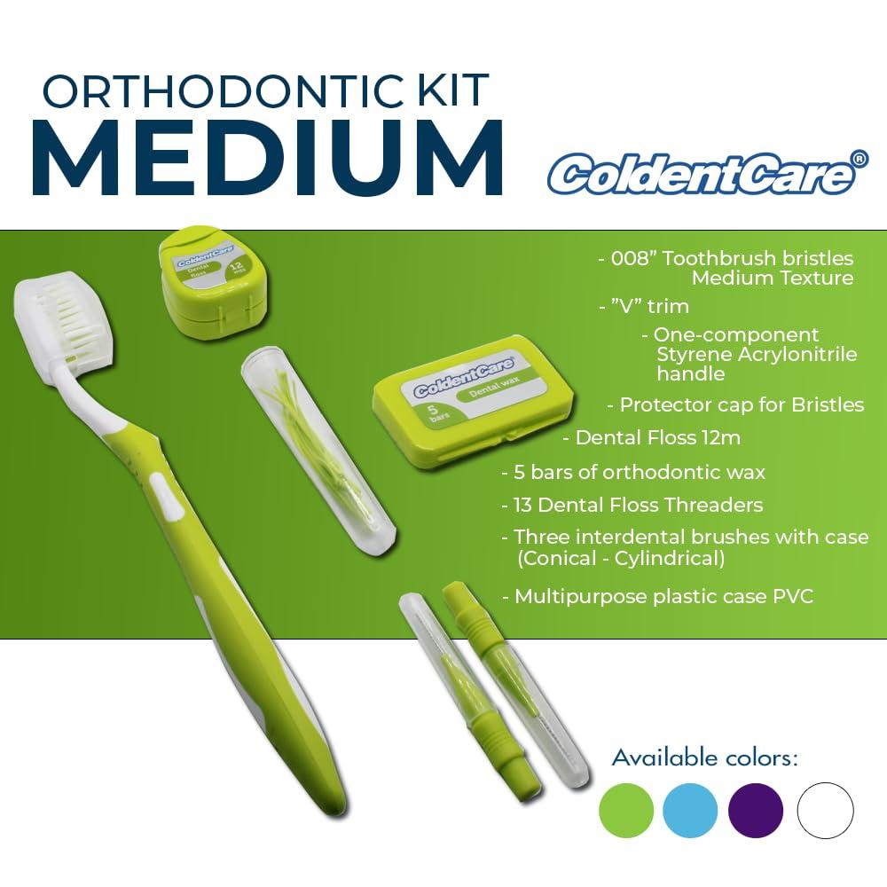ColdentCare Braces Cleaning Kit for Teeth, Portable Orthodontic Toothbrush Kit Oral Care Dental Travel - 2 Interdental Brush, 5 Bars of Wax, 1 Dental Floss 12m, 13 Dental Floss Threader Multipurpose case (Green)
