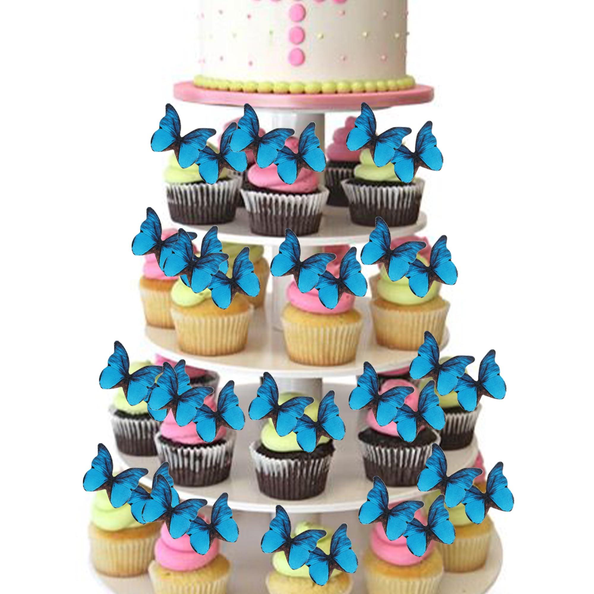ZHUOWEISM 48PCS Edible Butterfly Cupcake Toppers Edible Butterfies for Cake Decorating Wafer Paper Edible Butterfly Cupcake Picks for Wedding Anniversary Kids Birthday Party Cake Decorations Supplies Blue