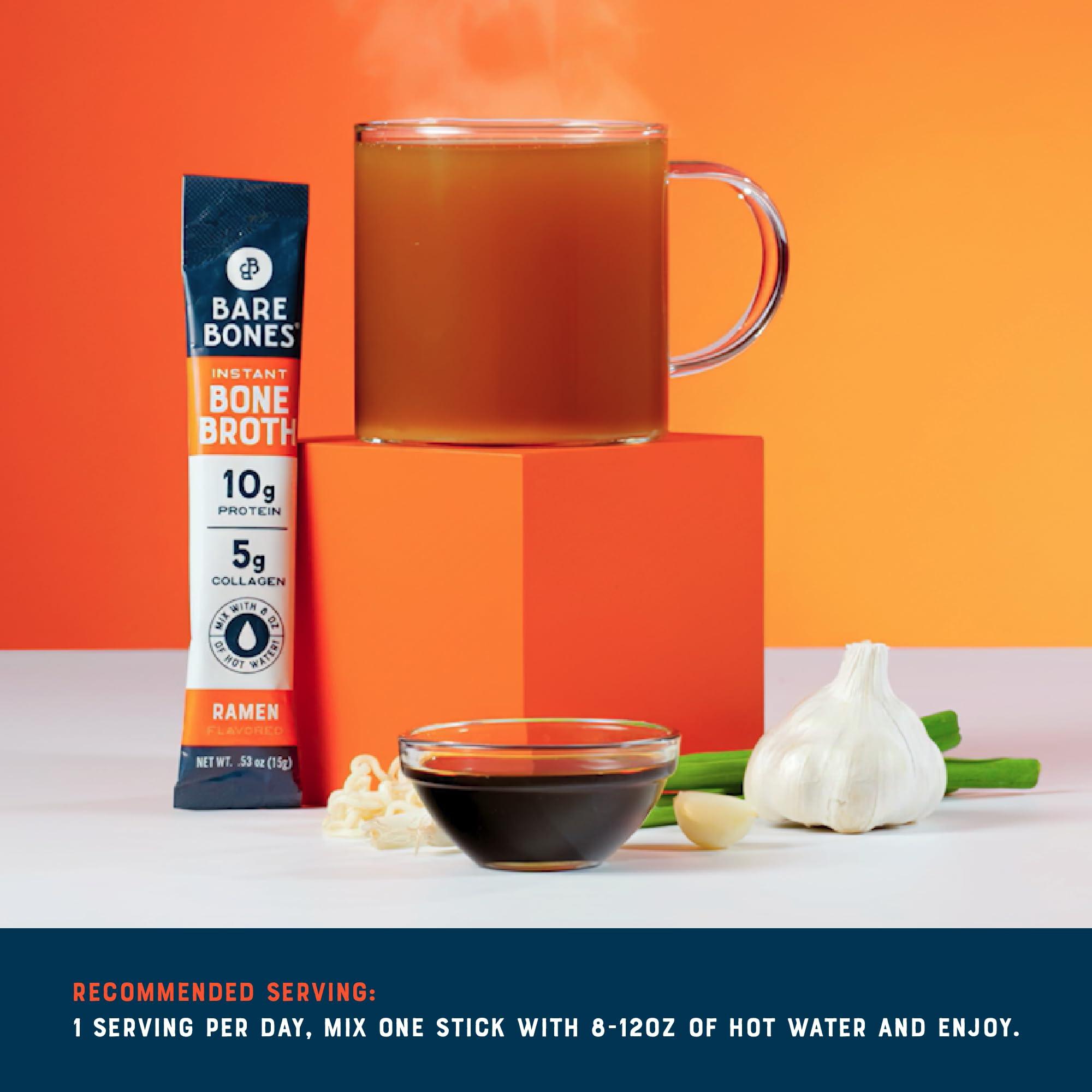 Bare Bones Bare Bones Bone Broth Instant Powdered Beverage Mix, Ramen, Pack of 8, 15g Sticks, 10g Protein, Keto & Paleo Friendly, Non-GMO, Gluten-Free, Dairy-Free