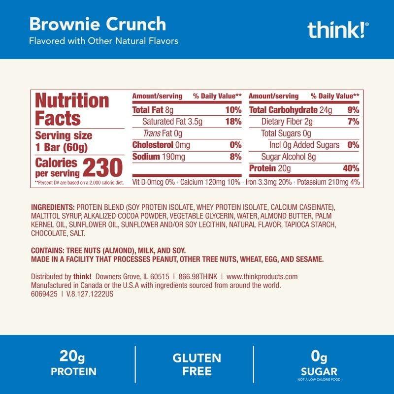think! think! Protein Bars, High Protein Snacks, Gluten Free, Kosher Friendly, Brownie Crunch, Nutrition Bars, 2.1 Oz per Bar, 12 Count (Packaging May Vary)