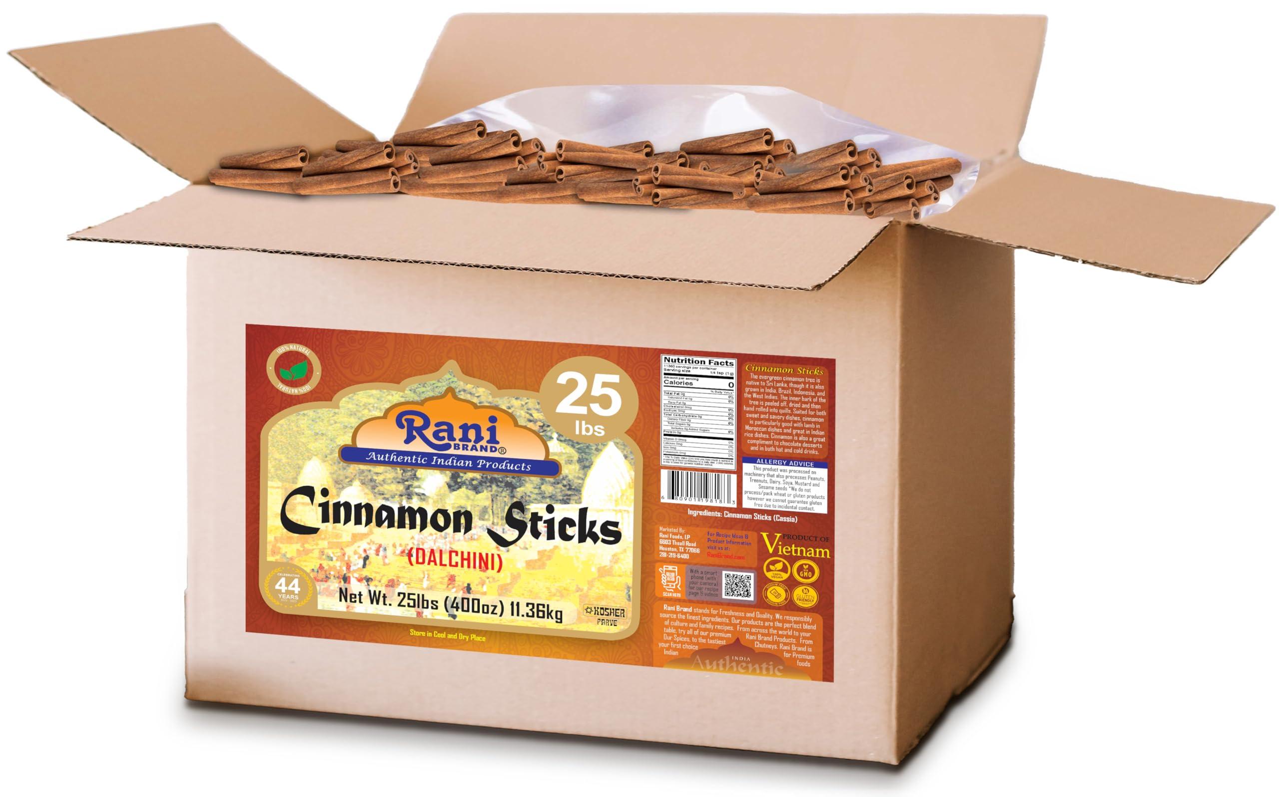 Rani Brand Authentic Indian Products Rani Cinnamon Sticks 400oz (25lbs) 11.63kg Bulk Box - 2300-2500 Sticks - Strong Aroma, Perfect for Baking, Cooking & Beverages | 3+ Inches Length - Cassia Saigon Cinnamon from Vietnam | Kosher