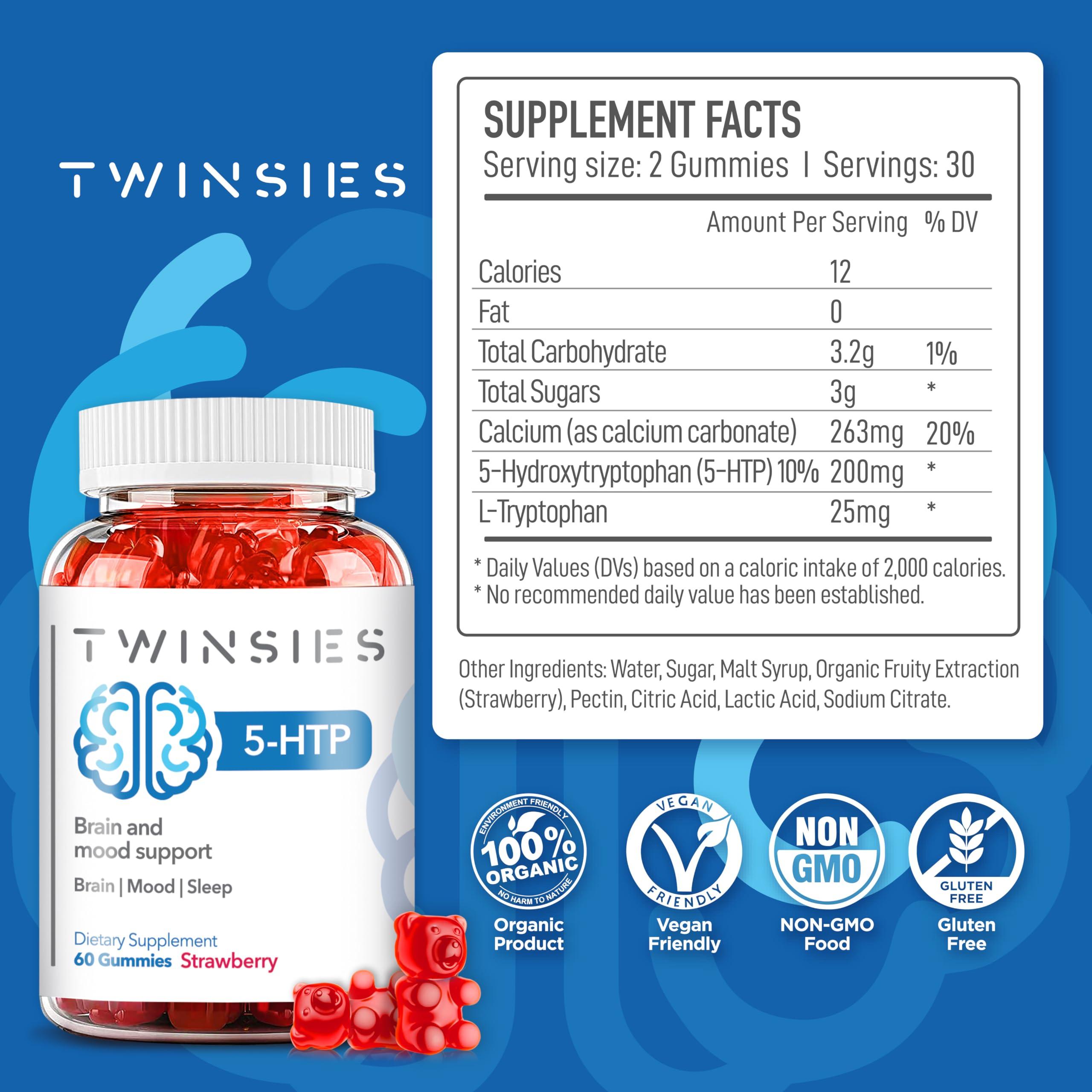 Twinsies Twinsies 5-HTP Gummies 200mg with L-Tryptophan Supplement for Brain, Mood Stabilizer and Sleep Support, 60 Strawberry Gummies (Strawberry)