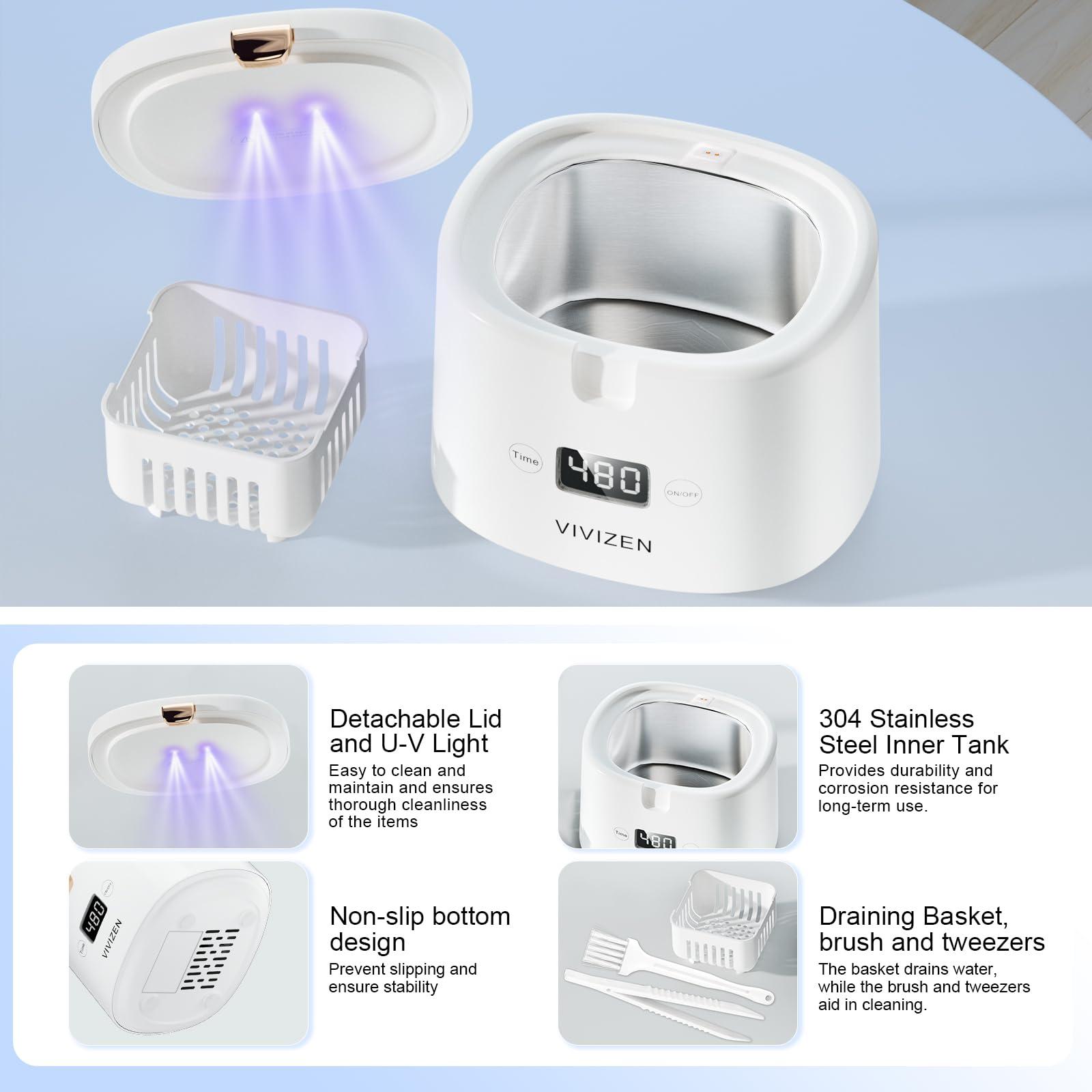 VIVIZEN Ultrasonic Retainer Cleaner, Sonic Dental Cleaning Pod, Portable 30W/45kHz Machine for Dentures, Aligners, Braces, Mouth Guards, Jewelry (White)