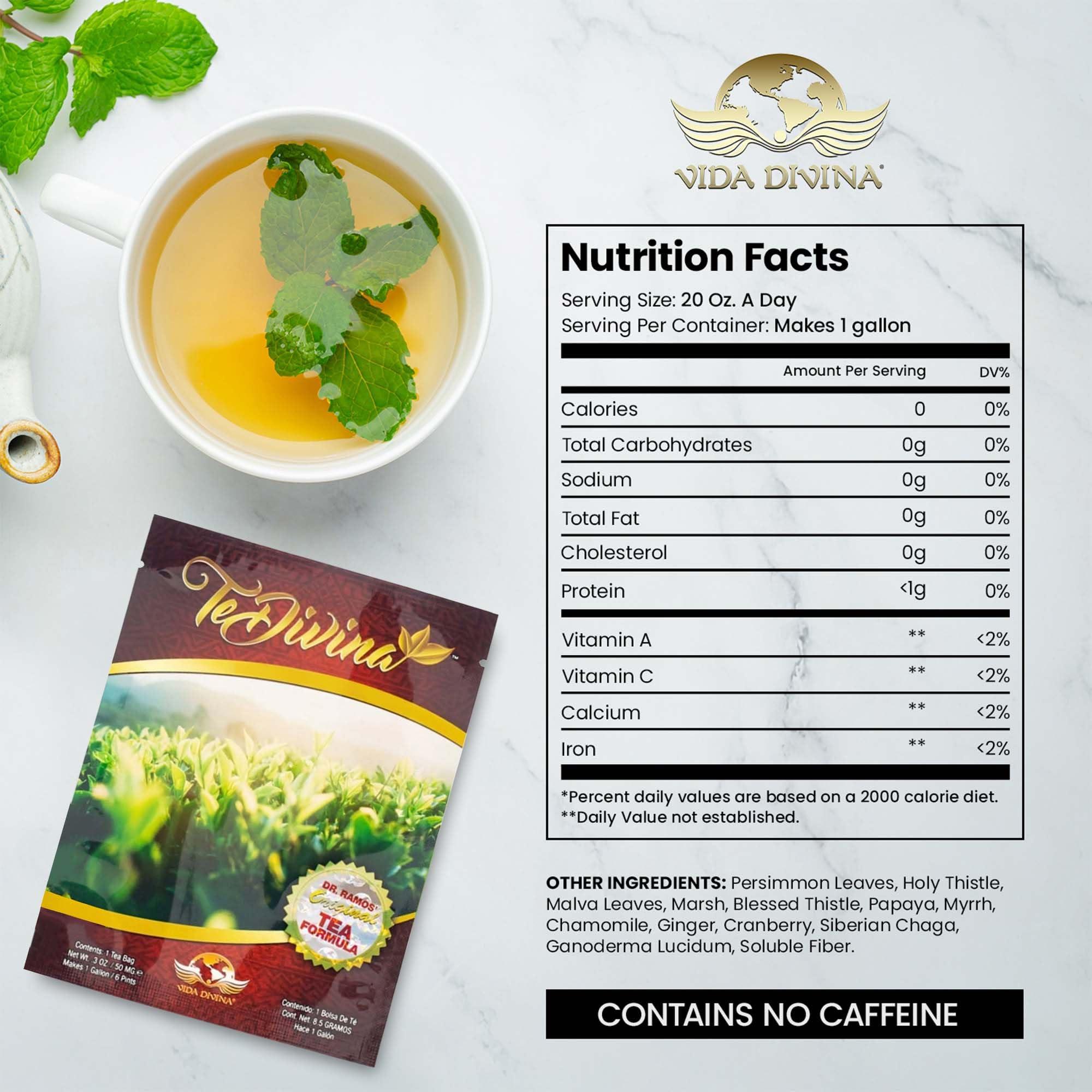 Vida Divina TeDivina, Plant-Based Cleansing Formula, Caffeine-Free Wellness Drink with 12 Blended Ingredients, Colon Support, Original Flavor, 0.3oz (Pack of 1)